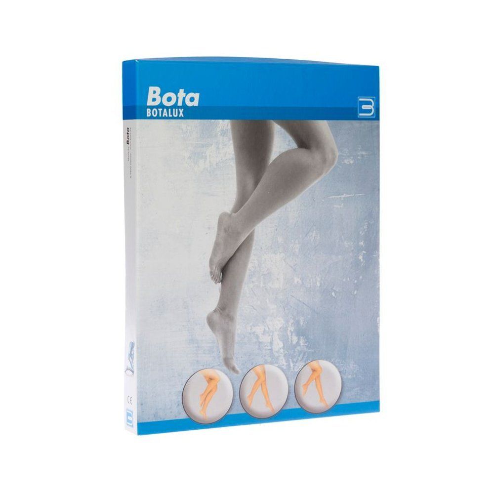 Verpakking met Bota Botalux kousen. Zwarte kleur, maat 2. Illustratie van benen. Certificeringslogo.