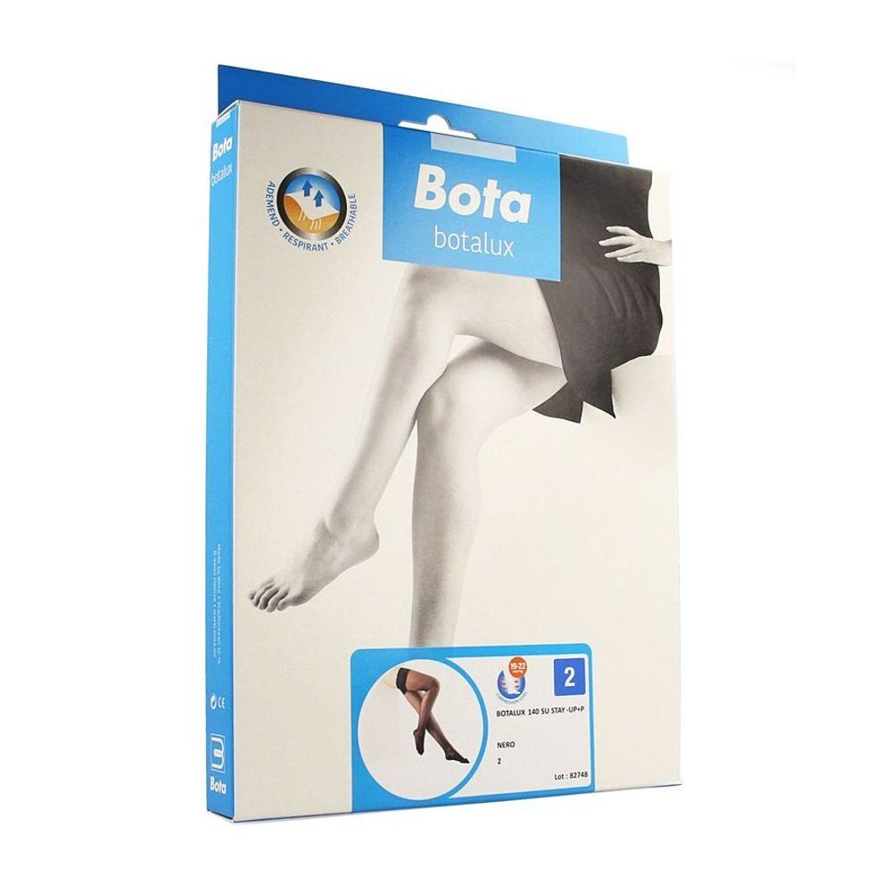Boîte de bas Bota Botalux. Jambes illustrées. Noir, taille 2. Logo de certification. Emballage.