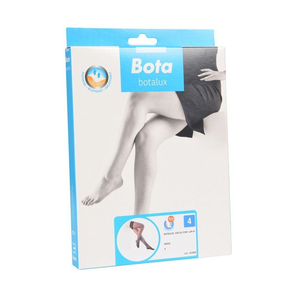 Verpakking met kousen. Merk Bota Botalux. Afbeelding van benen. Maat 4. Zwart. Met certificering.