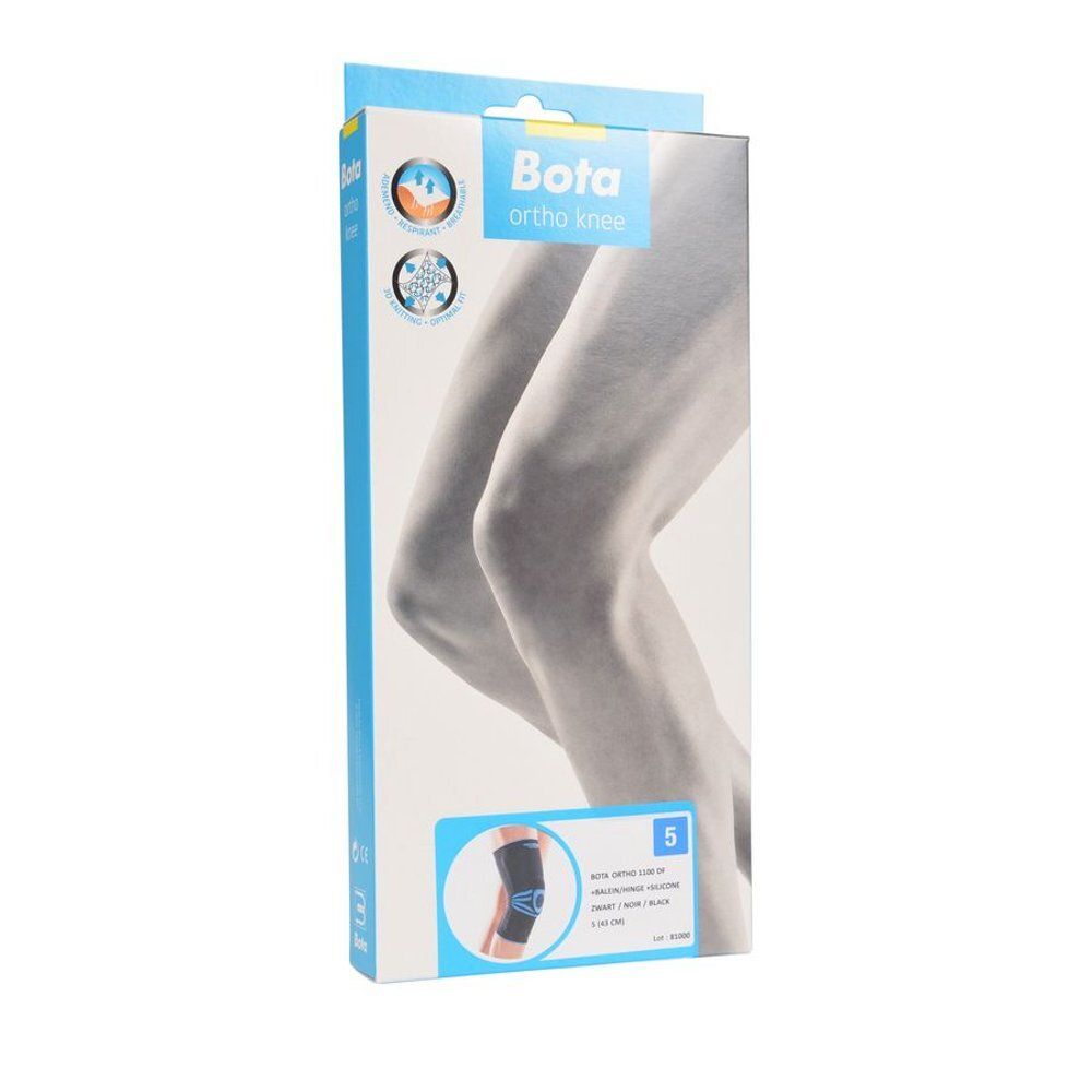 Kniebrace Bota Ortho Knee, maat 5, zwart, in verpakking. Doos met productafbeelding en informatie.