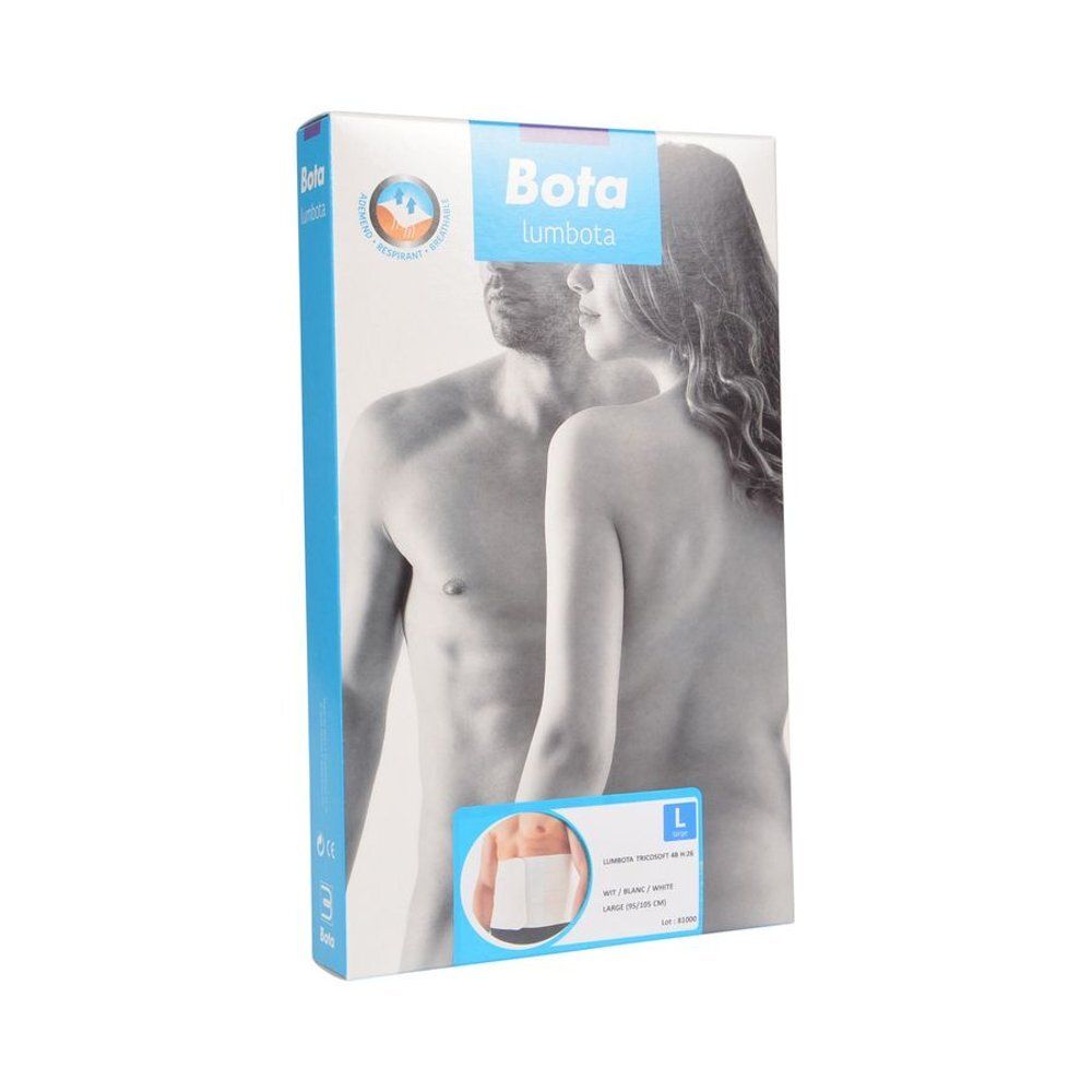 Emballage du produit Bota Lumbota Tricosoft 4 Banden Wit Large. Logo et informations. Illustration d'un couple.