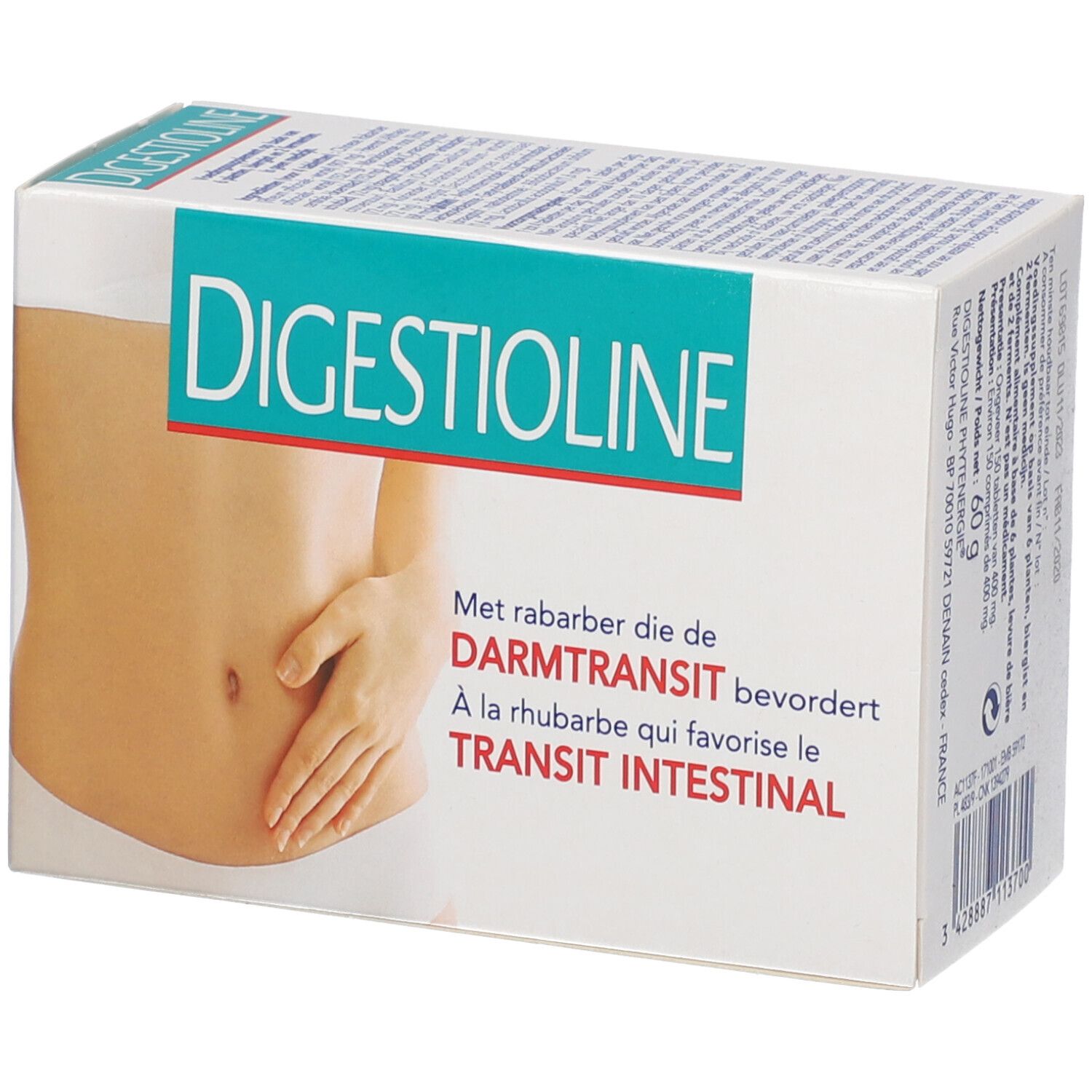 Verpakking met "Digestioline". Tekst: "Met raberber die Darmtransit bevordert". Illustratie van een buik.