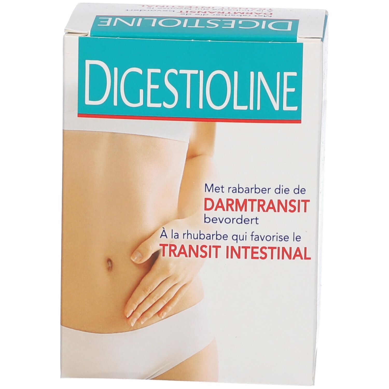 Verpakking met "Digestioline". Tekst: "Met raberber die Darmtransit bevordert". Illustratie van een buik.