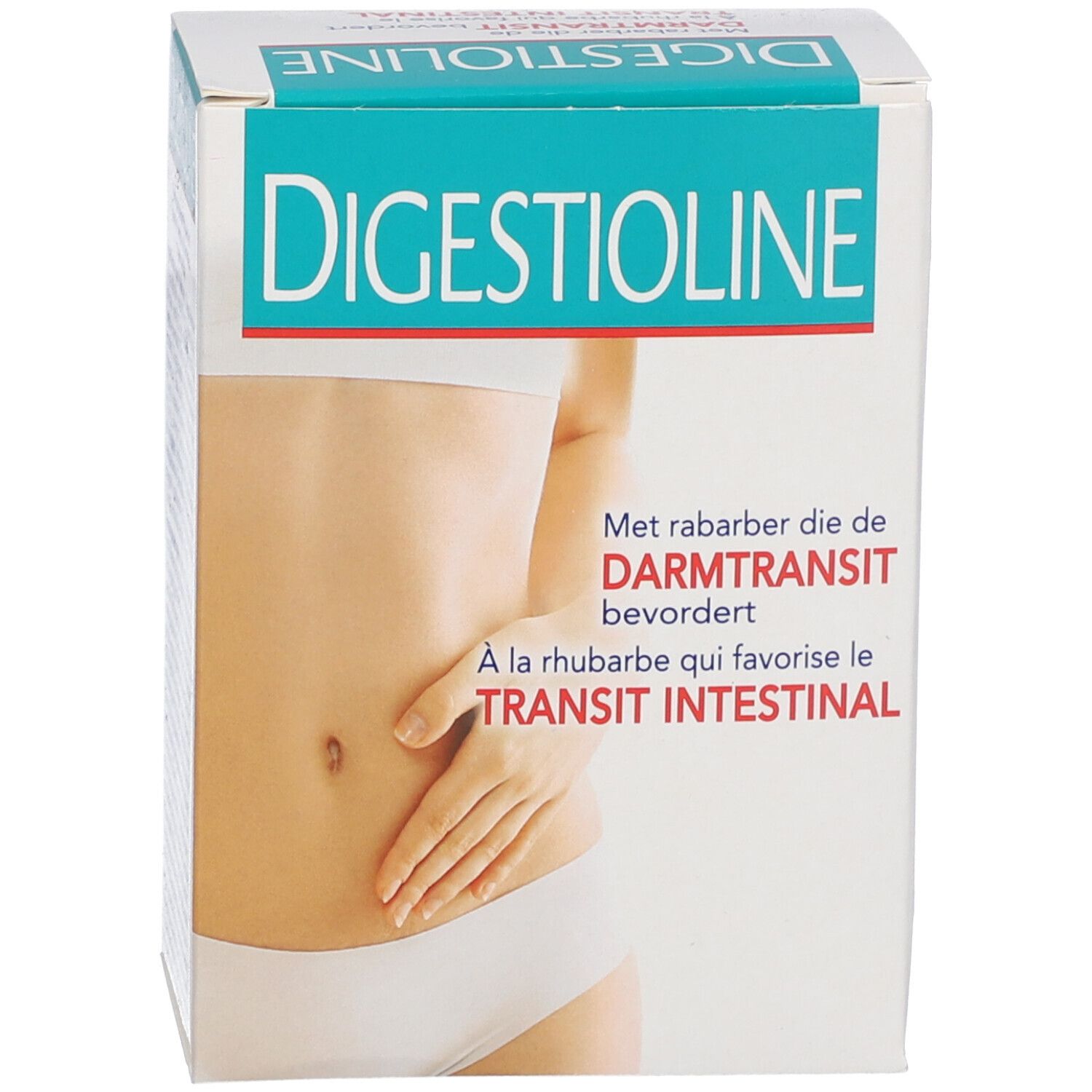 Verpakking met "Digestioline". Tekst: "Met raberber die Darmtransit bevordert". Illustratie van een buik.