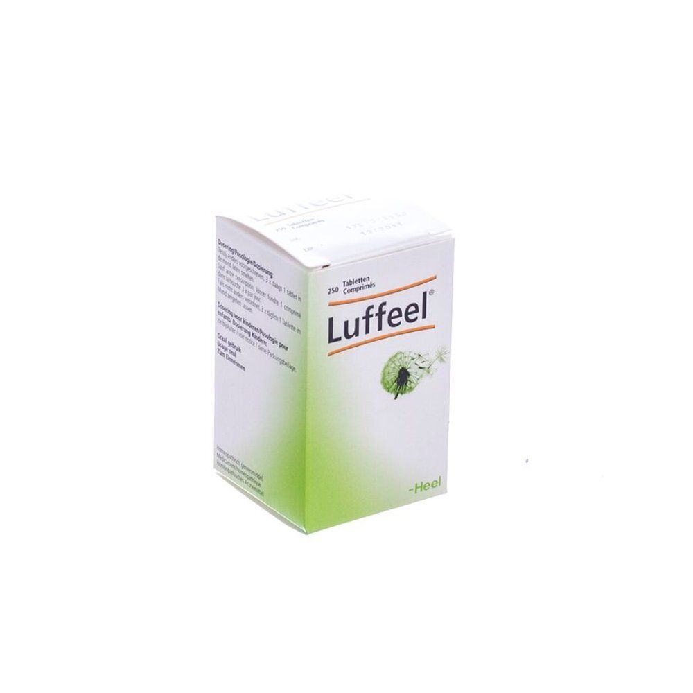 Witte doos met groene kleurverloop. Opschrift Luffeel en logo. Merk Heel.