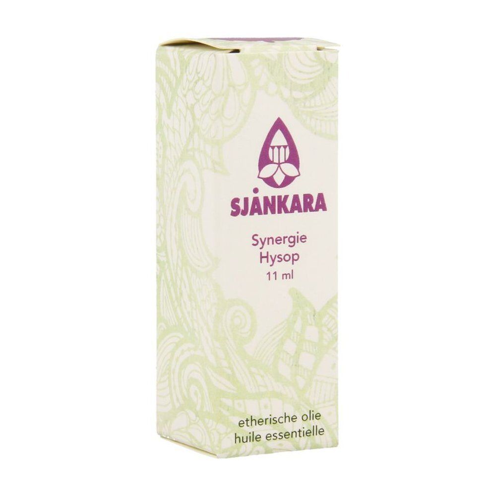 Kartonnen verpakking met SJANKARA-logo en productnaam. Bevat "Synergie Hysop" en "11 ml".