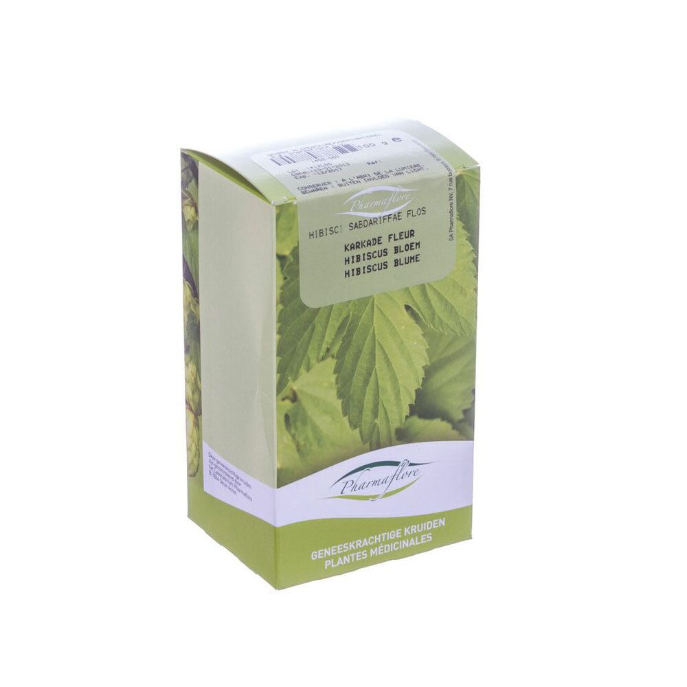 Boîte en carton avec logo Pharmaflore. Texte: Hibiscus sabdariffae flos tot. Design vert et blanc avec motif de feuilles d'hibiscus.