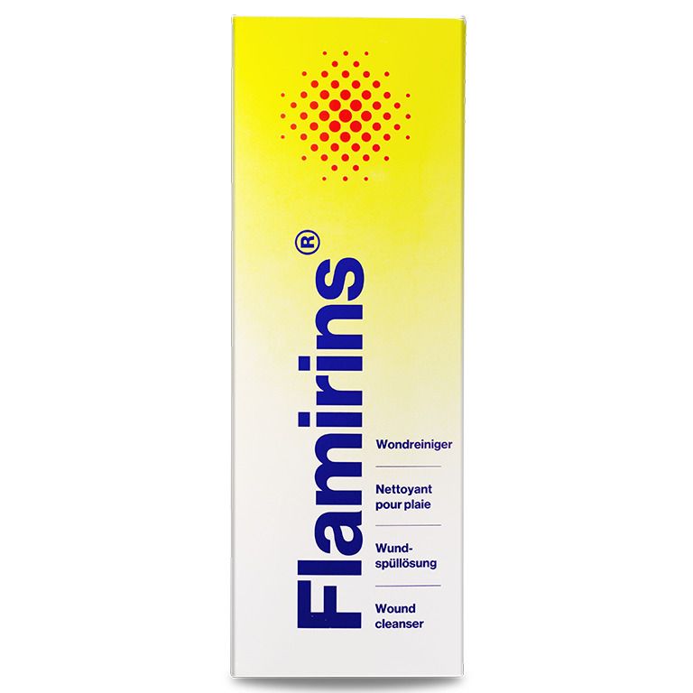 Doos met opschrift Flamirins, Wondreiniger, Wound cleanser.