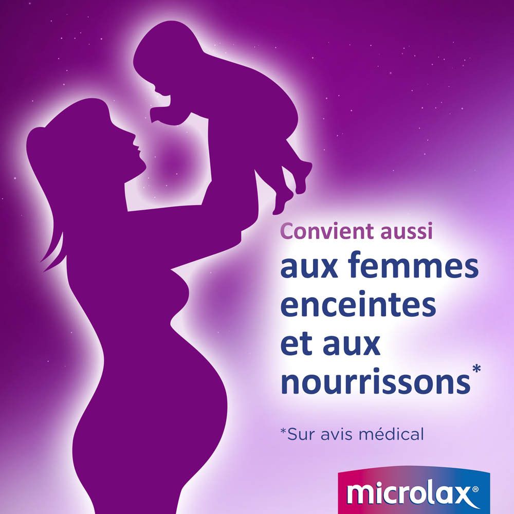 Silhouette d'une femme enceinte avec un bébé. Texte : Convient aussi aux femmes enceintes et aux bébés. Logo Microlax.