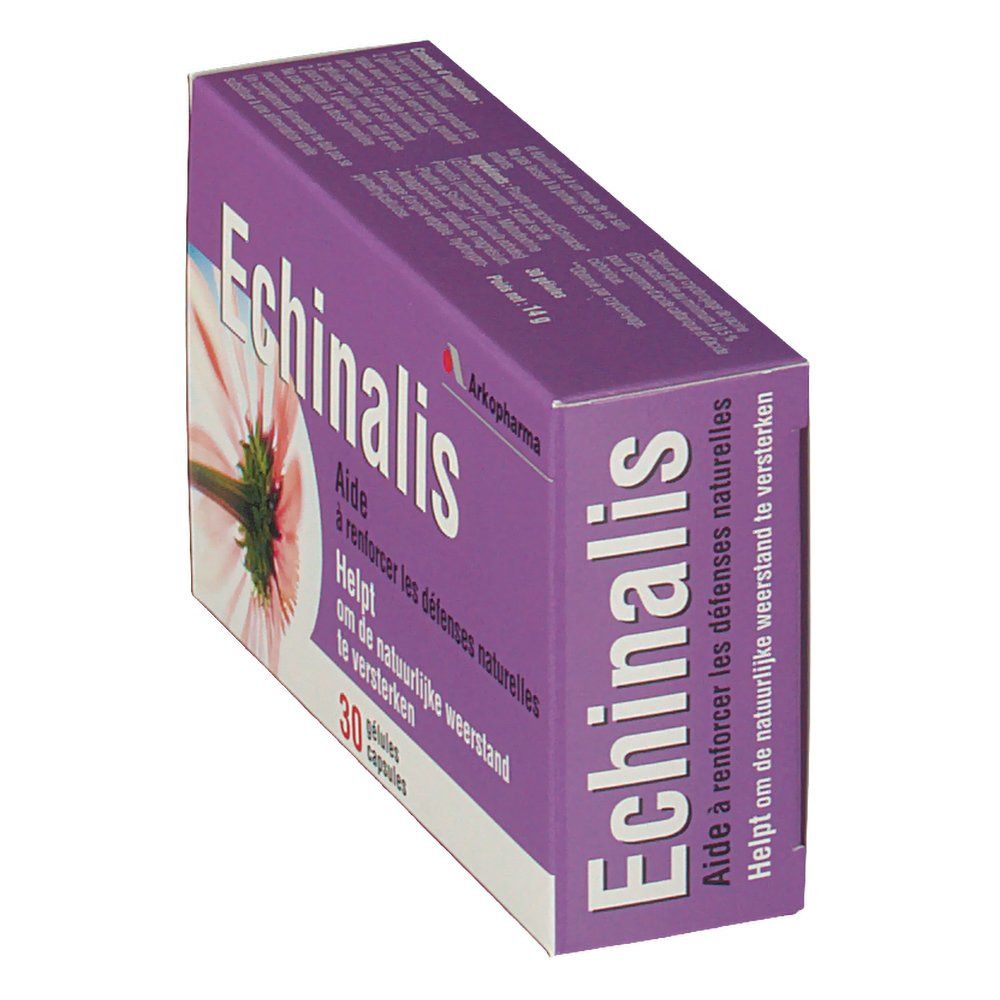 Paarse doos met "Echinalis". Bevat 30 capsules. Arkopharma logo.
