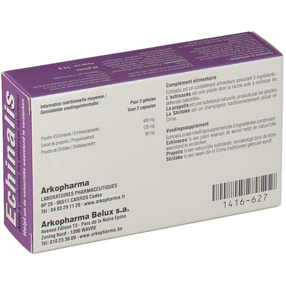 Achterkant van de "Echinalis" doos. Informatie over ingrediënten en fabrikant.