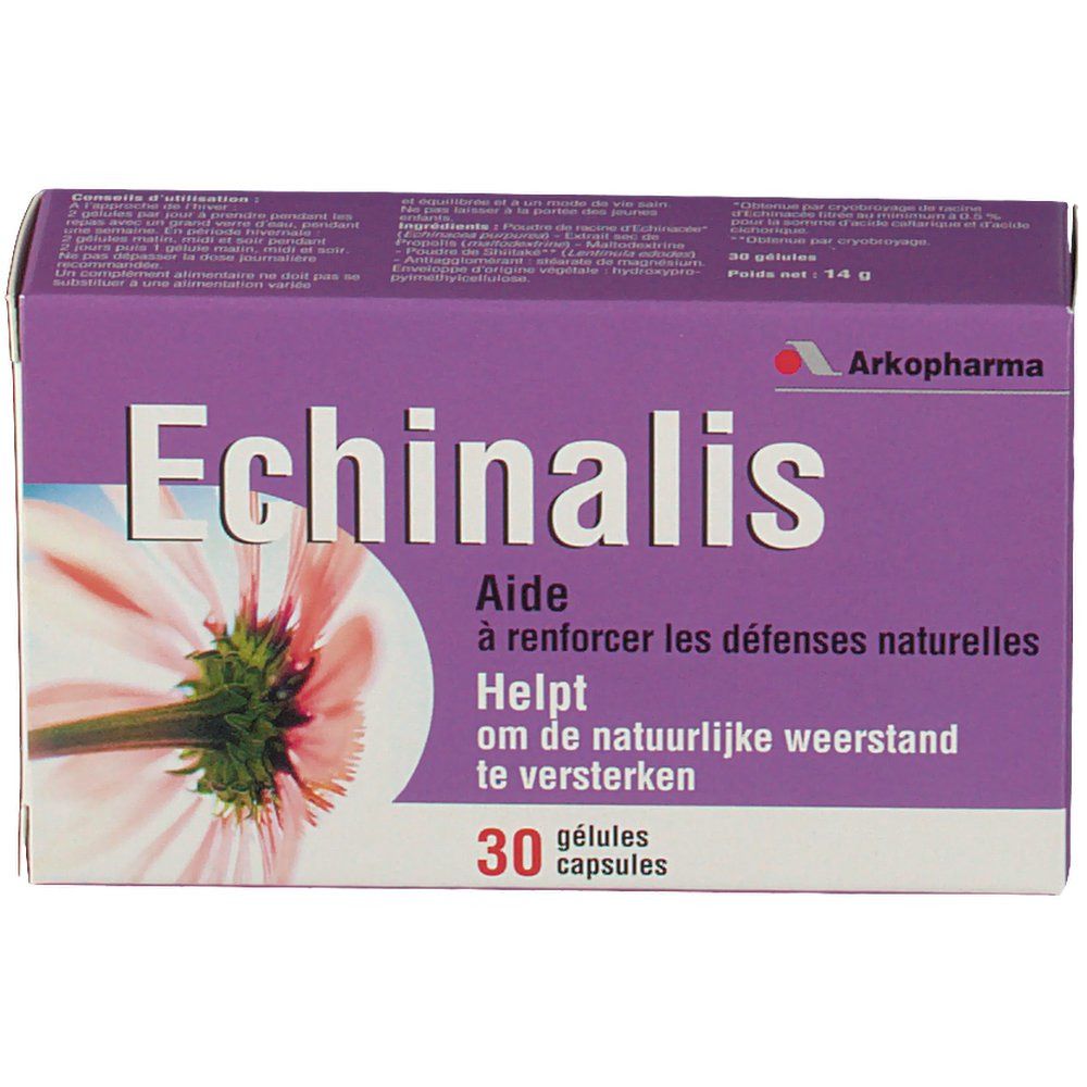 Paarse doos met "Echinalis". Bevat 30 capsules. Arkopharma logo.