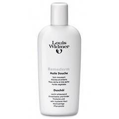Flacon blanc avec logo Louis Widmer et nom du produit Remederm Huile Douche. Texte en français et allemand.