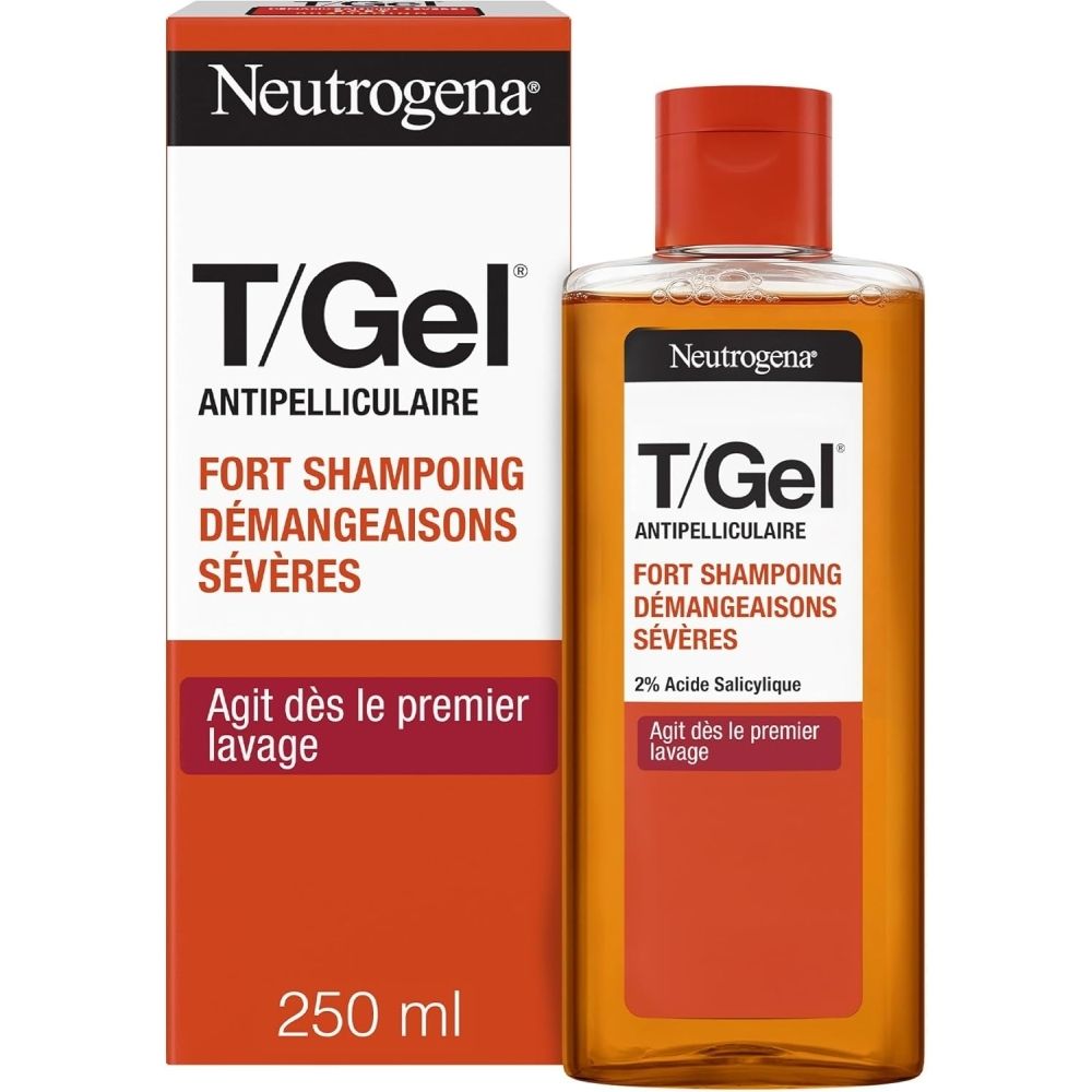 Shampoo fles en verpakking. Neutrogena T/Gel FORT Shampooing. 250 ml. Blauwe dop, oranje vloeistof.