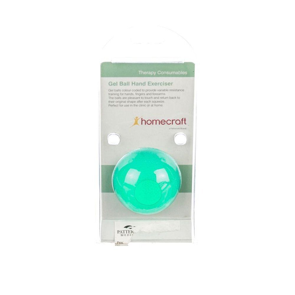 Groene gelbal handtrainer in blisterverpakking. Merk Homecraft. Voor hand- en vingeroefeningen.