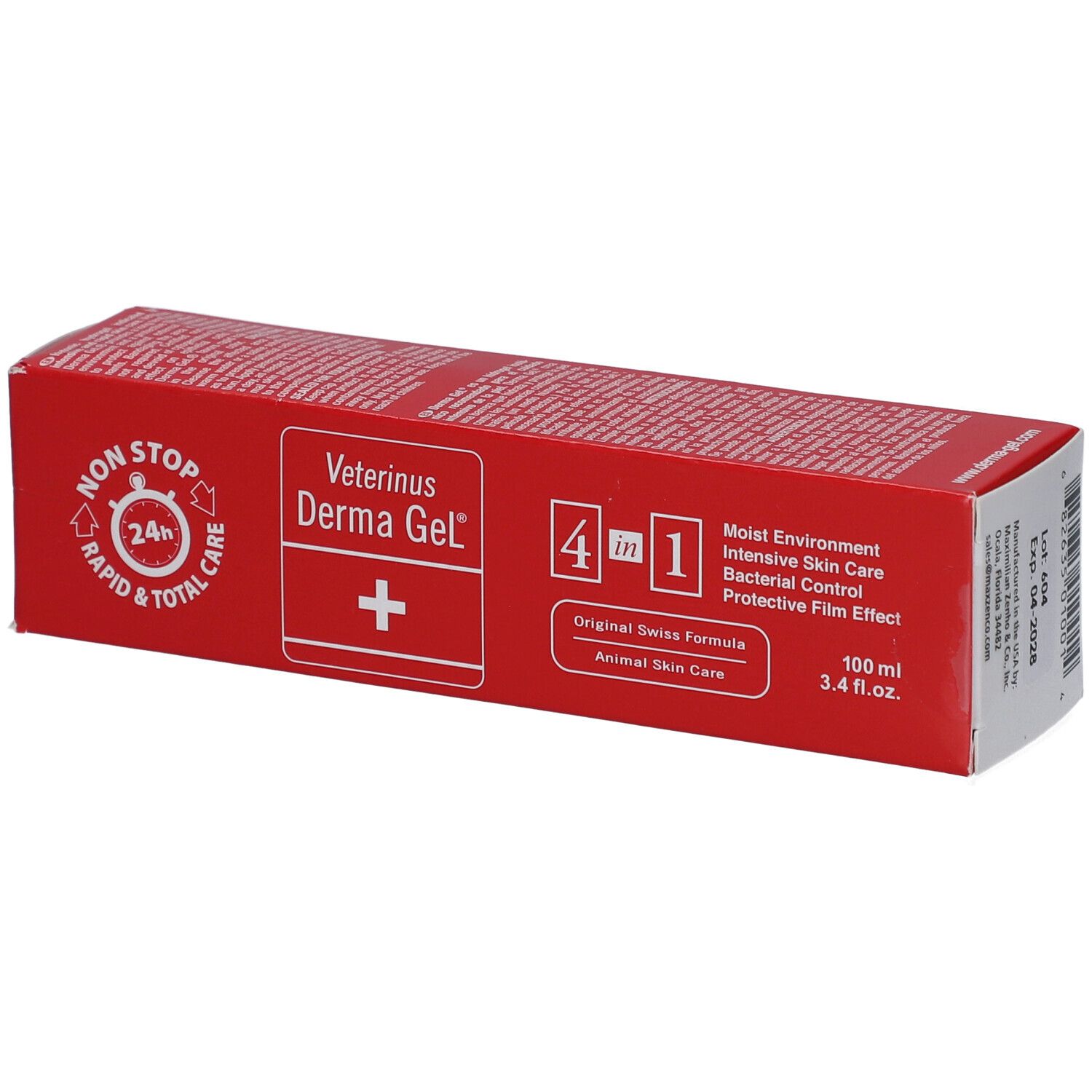 Rode verpakking van Veterinus Derma Gel®. Bevat informatie over ingrediënten en eigenschappen. 4-in-1 formule.