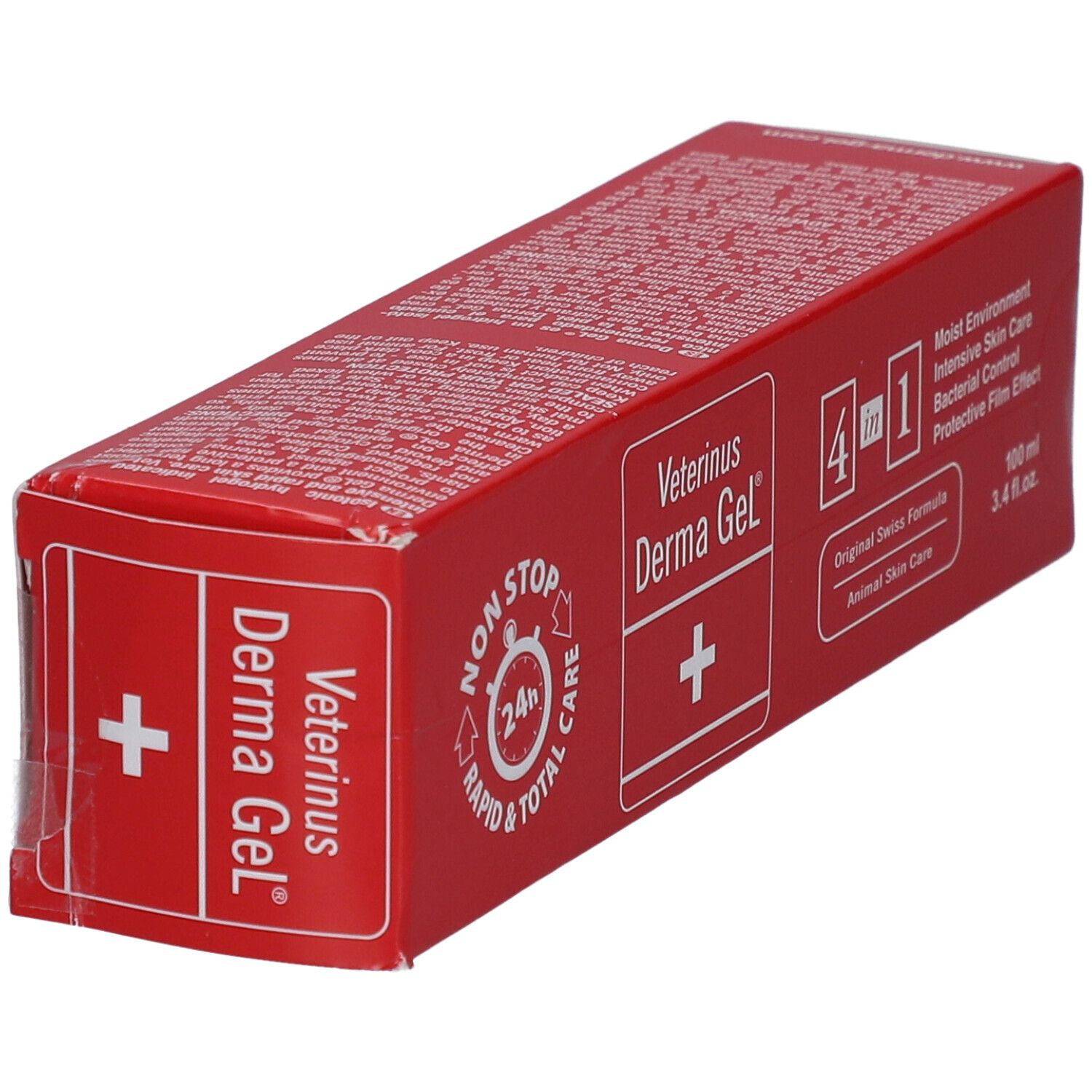 Rode verpakking van Veterinus Derma Gel®. Toont productnaam, logo en 4-in-1 formule. Bevat informatie.
