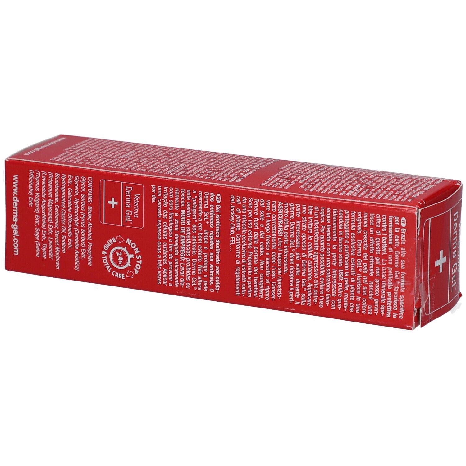 Rode verpakking van Veterinus Derma Gel®. Achterkant met tekst, ingrediënten en contactgegevens.