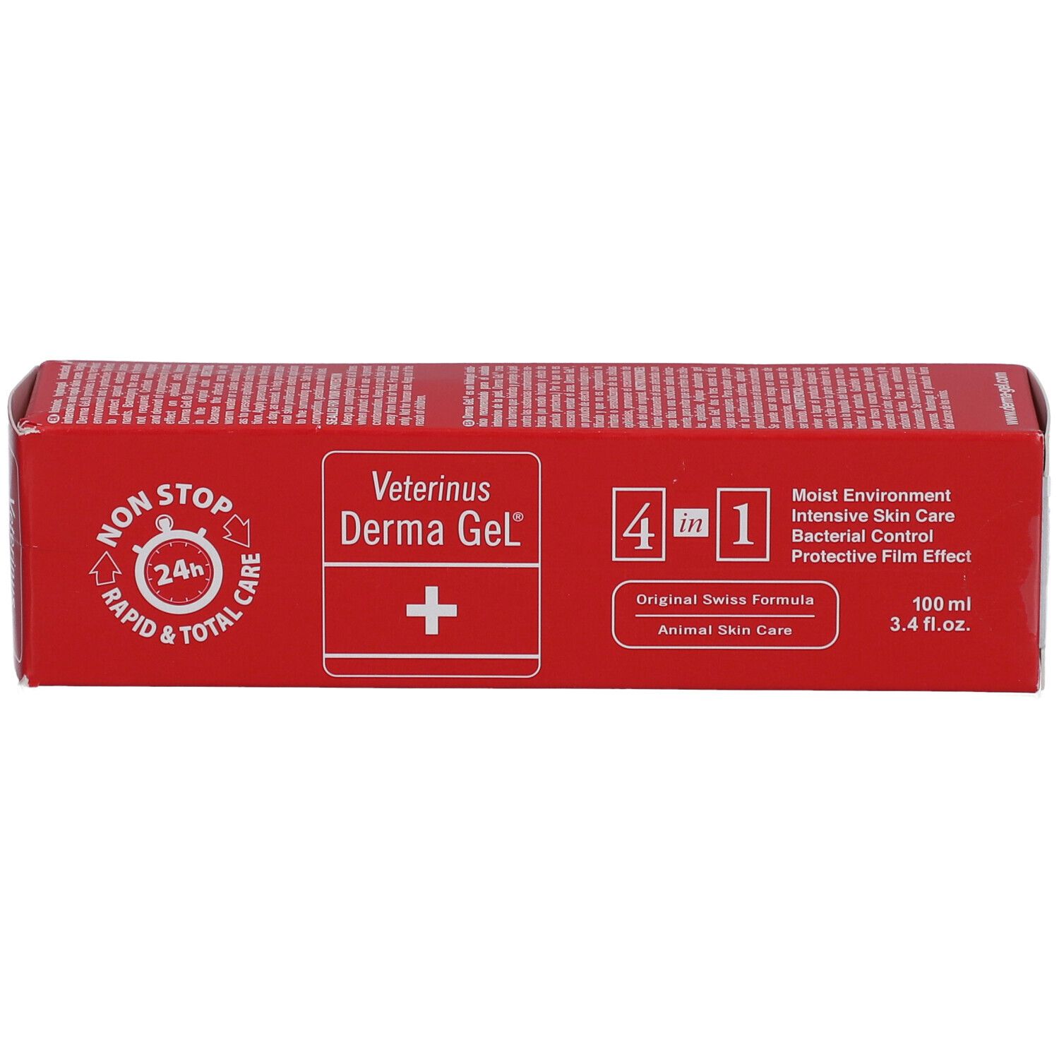 Rode verpakking van Veterinus Derma Gel®. Toont productnaam, logo en 4-in-1 formule. Bevat informatie.