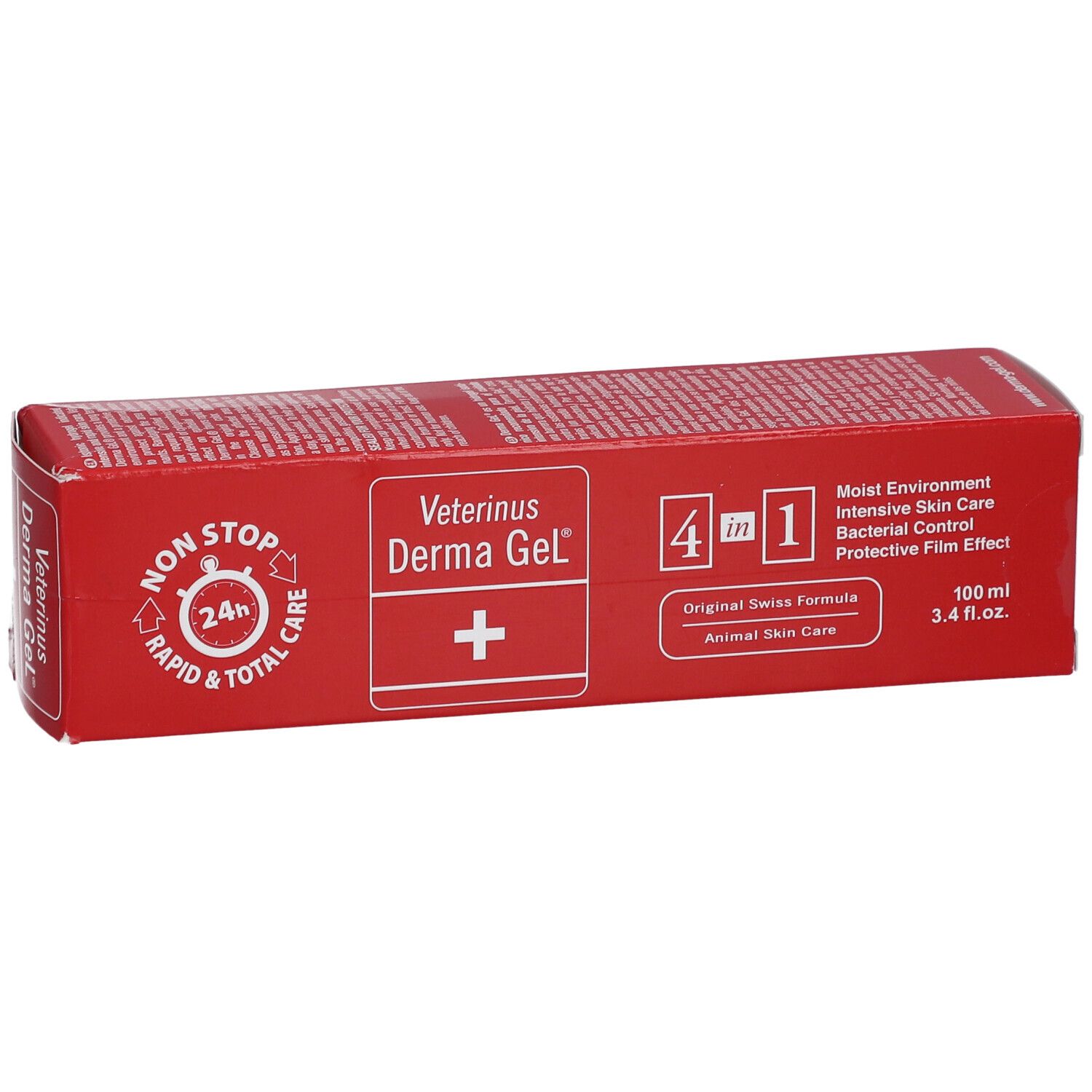 Rode verpakking van Veterinus Derma Gel®. Toont productnaam, logo en 4-in-1 formule. Bevat informatie.