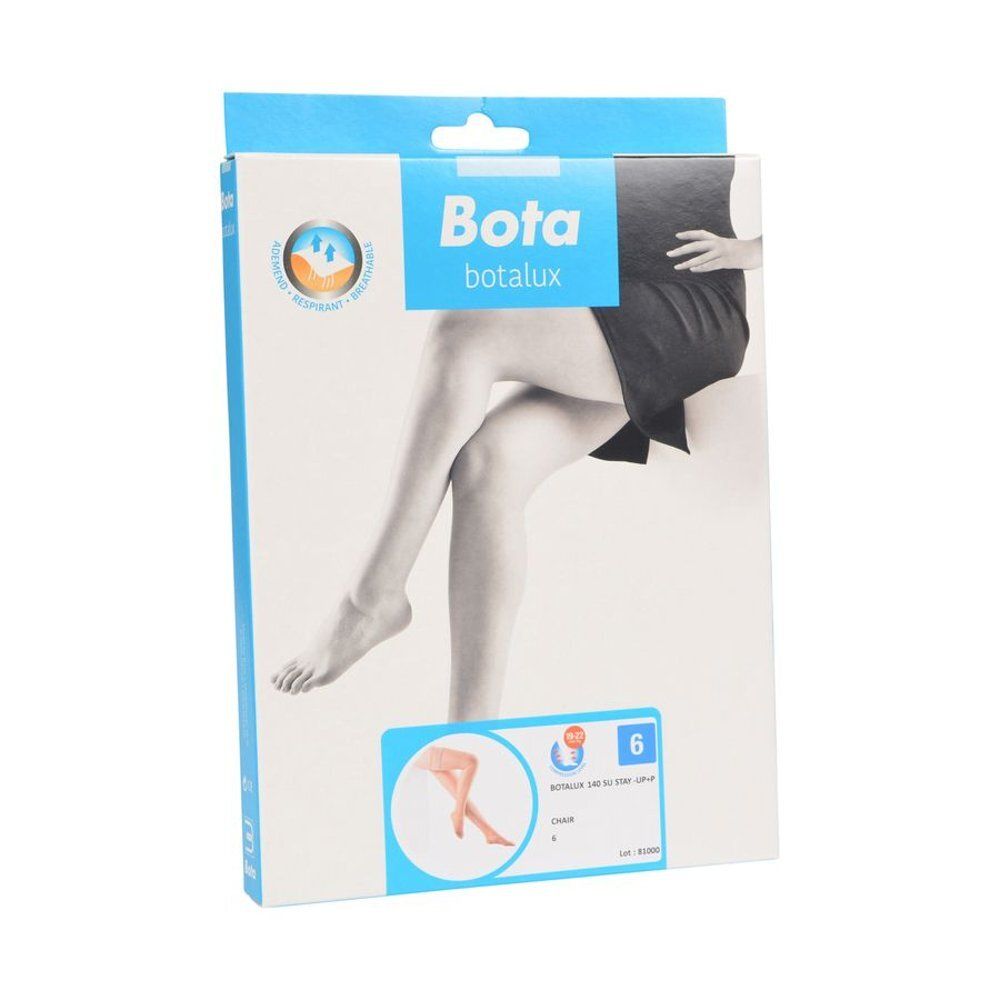 Verpakking van Botalux 140 Stay-up Chair. Opschrift: Bota, Botalux, maat 6, huidskleur N6. Afbeelding van benen.