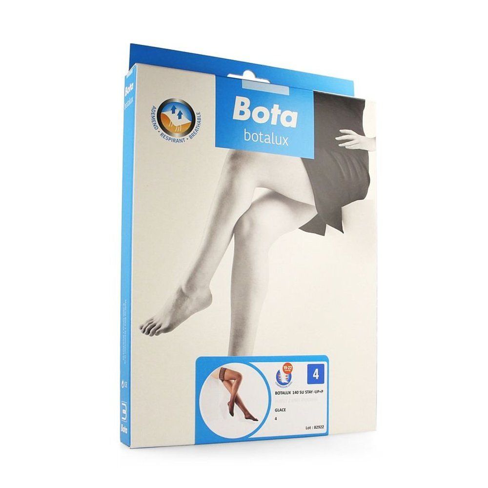 Beige kousen met kanten boord bovenaan.