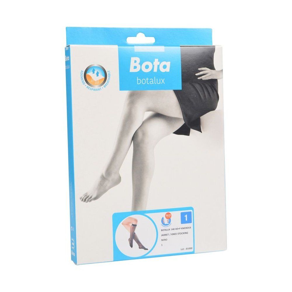 Emballage Bota Botalux. Illustration de jambes avec bas. Taille 1. Logo et nom du produit.