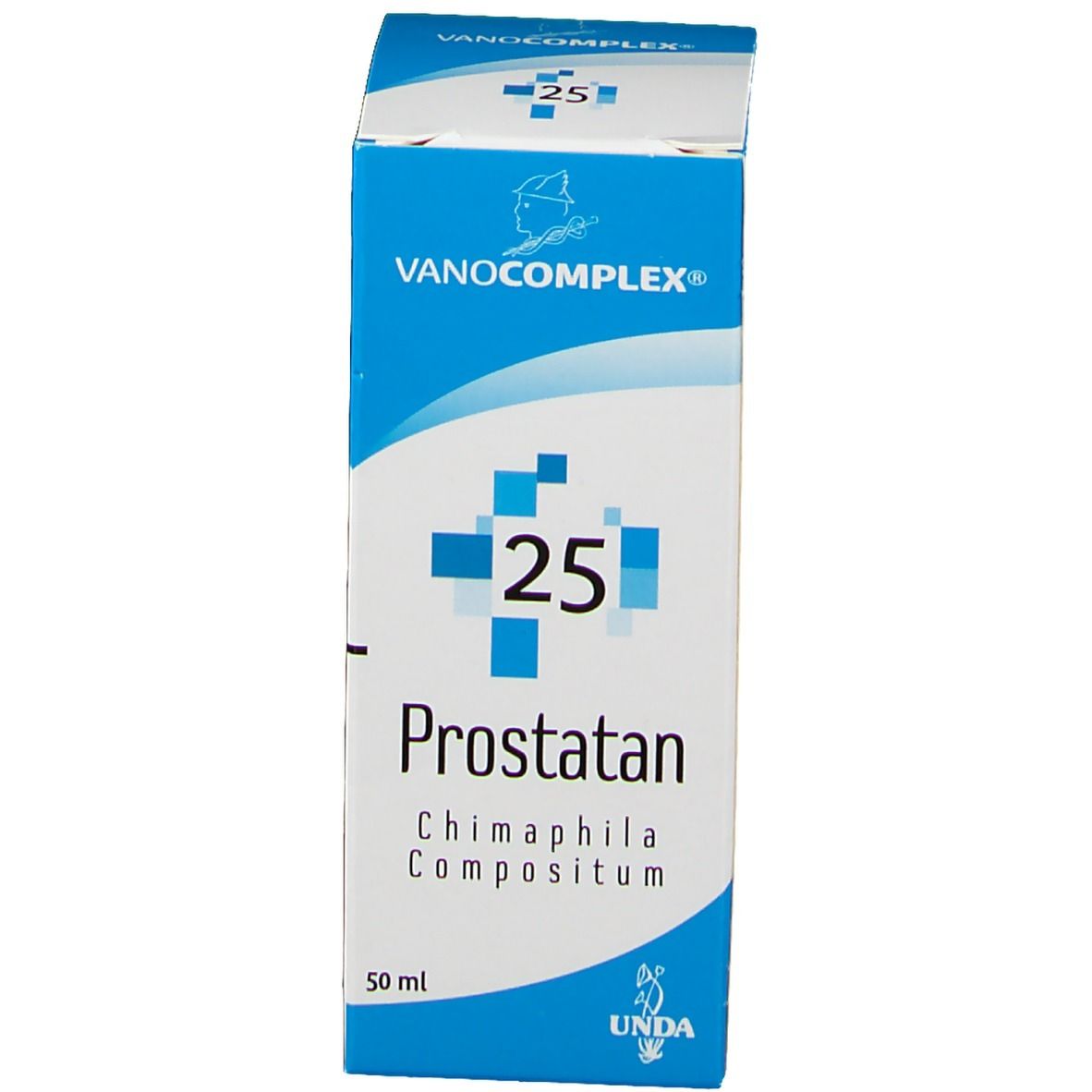 Emballage bleu du produit. Nom et marque: Vanocomplex 25 Prostatan Chimaphila. Volume: 50 ml.