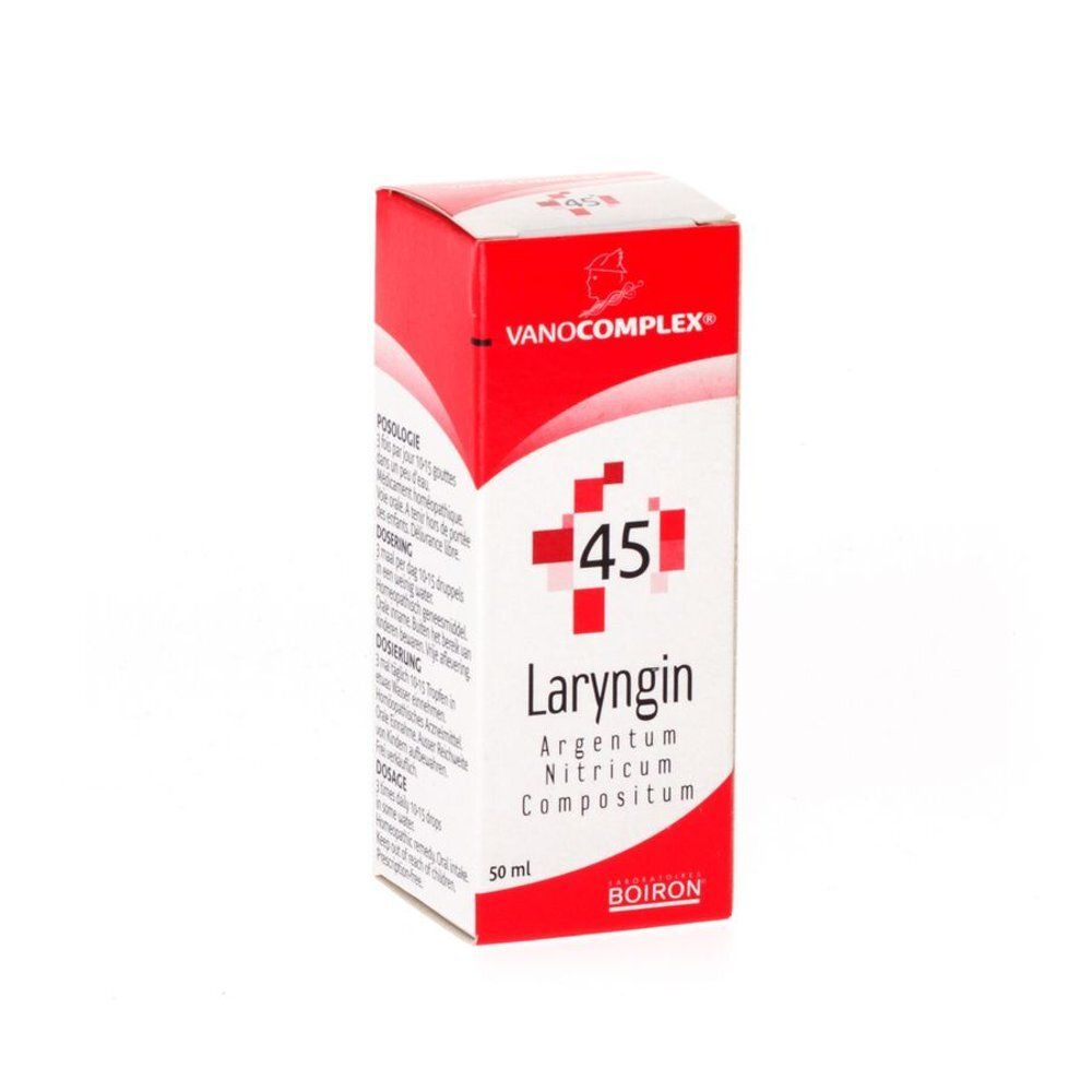 Boîte en carton rouge et blanche. Inscription: Vanocomplex 45 Laryngin Argentum Nitricum Compositum. Marque Boiron. 50 ml.