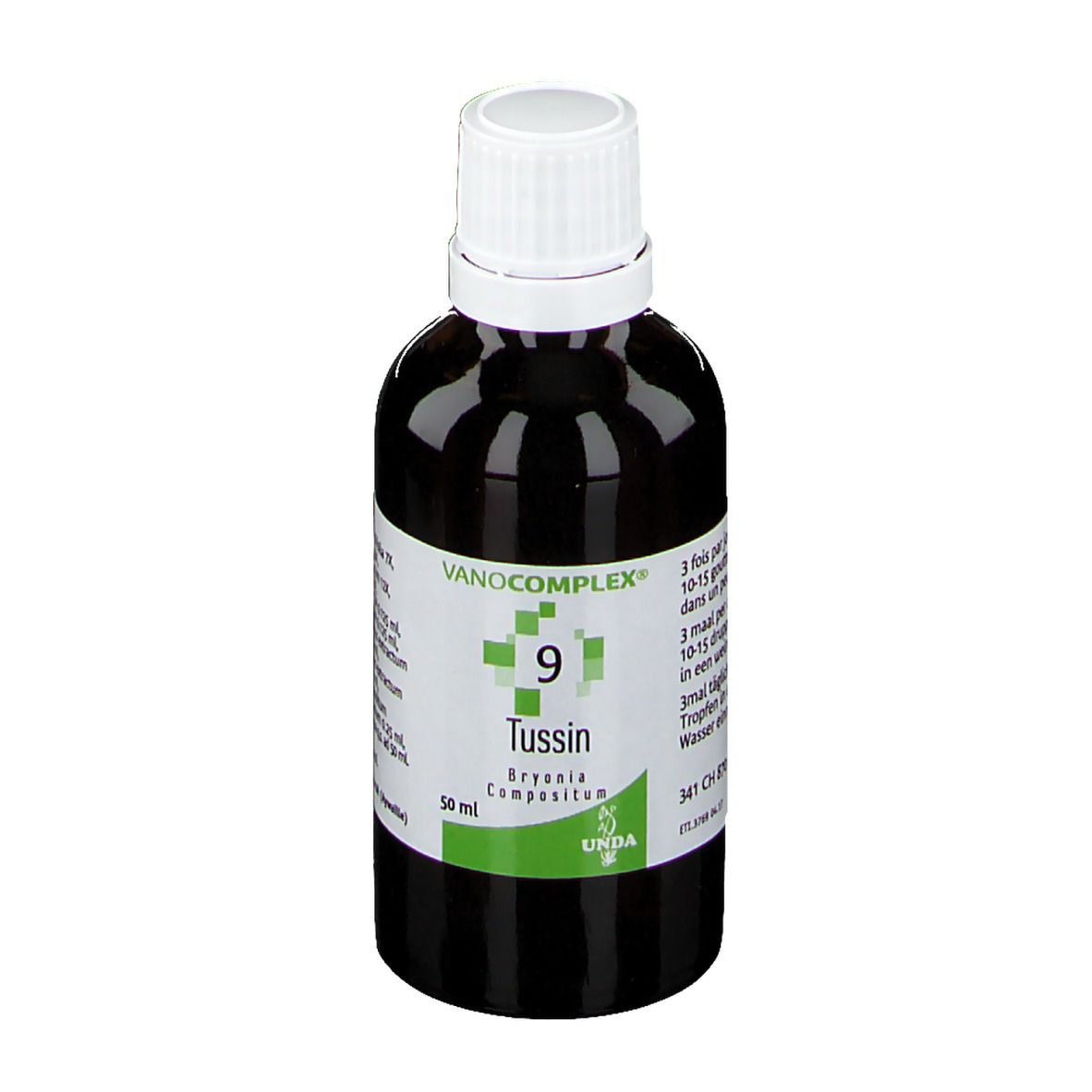 Bruine fles met witte dop. Etiket met productnaam, merk en ingrediënten. Groen-wit ontwerp.