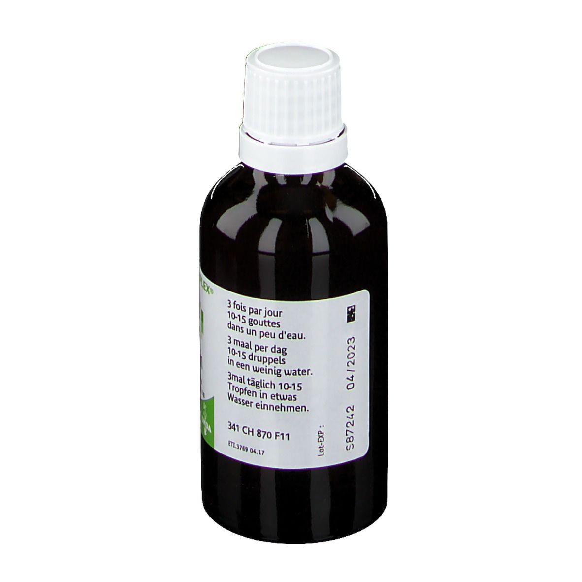 Bruine fles met witte dop. Etiket met doseerinstructies en vervaldatum. Groen-wit ontwerp.