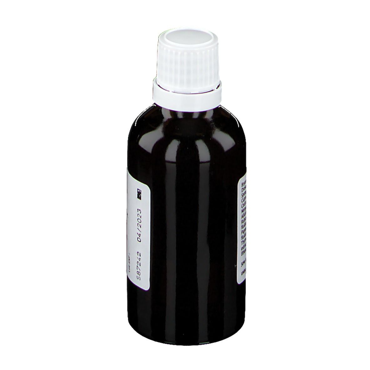 Bruine fles met witte dop. Etiket met informatie. Groen-wit ontwerp. Vervaldatum.