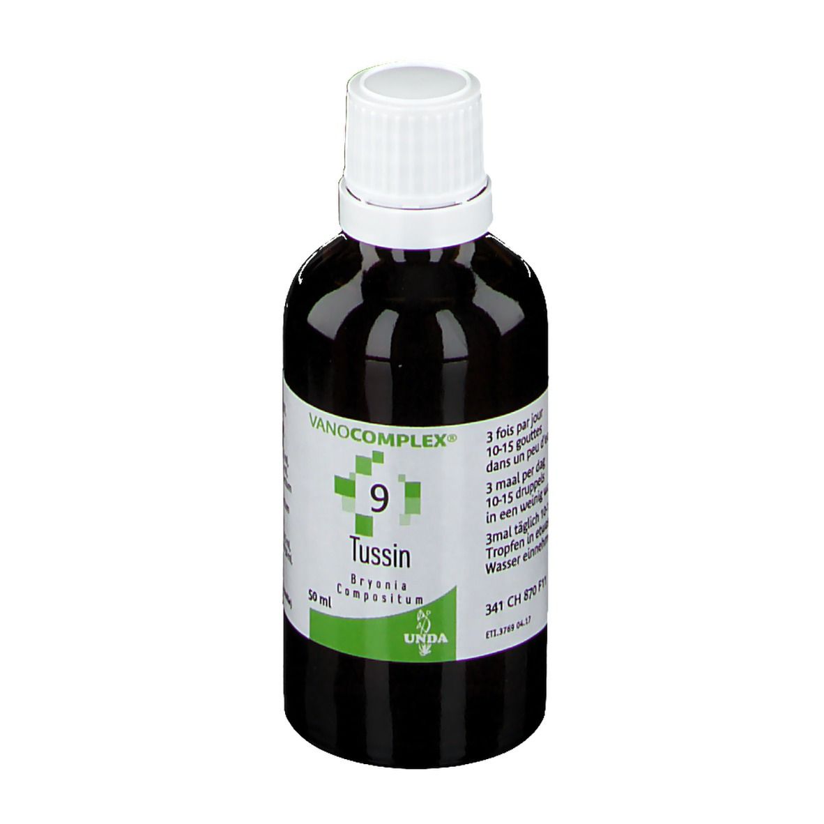 Bruine fles met witte dop. Etiket met productnaam, merk en ingrediënten. Groen-wit ontwerp.