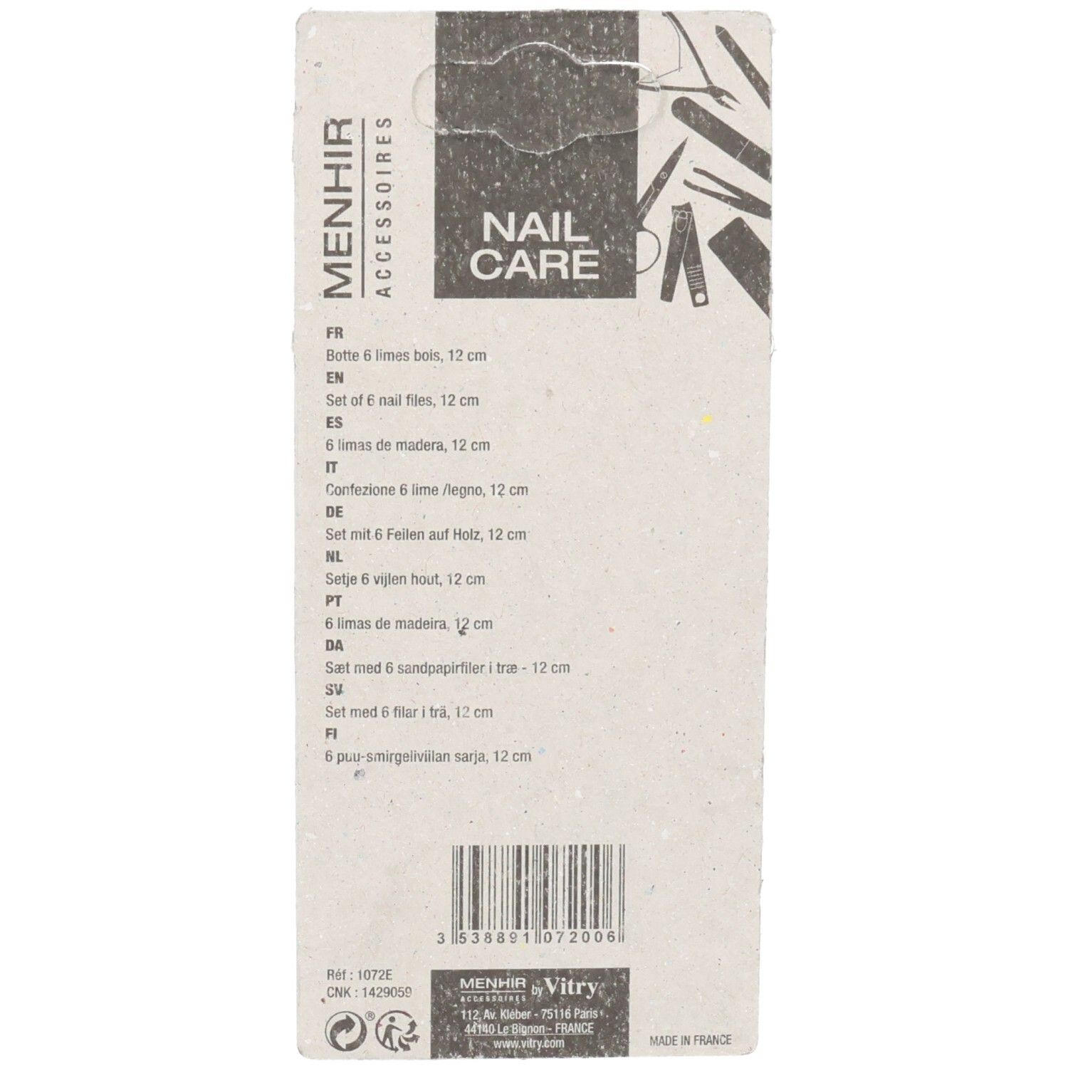 Achterkant van de verpakking. Tekst: Menhir Accessoires, Nail Care. Lijst van nagelvijlen in verschillende talen. Streepjescode en herkomst: Frankrijk.