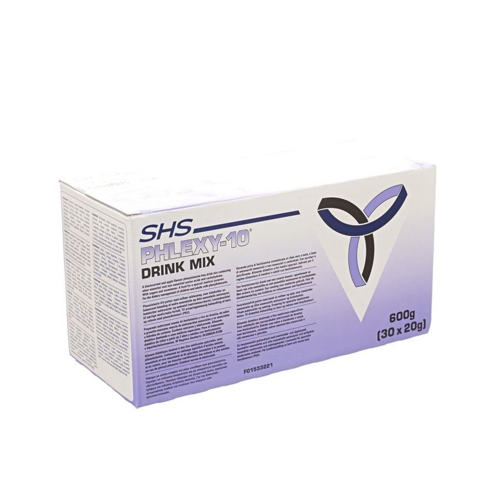 Doos SHS Phlexy-10 Drink Mix. Witte en paarse verpakking. Bevat 600g (30 x 20g).