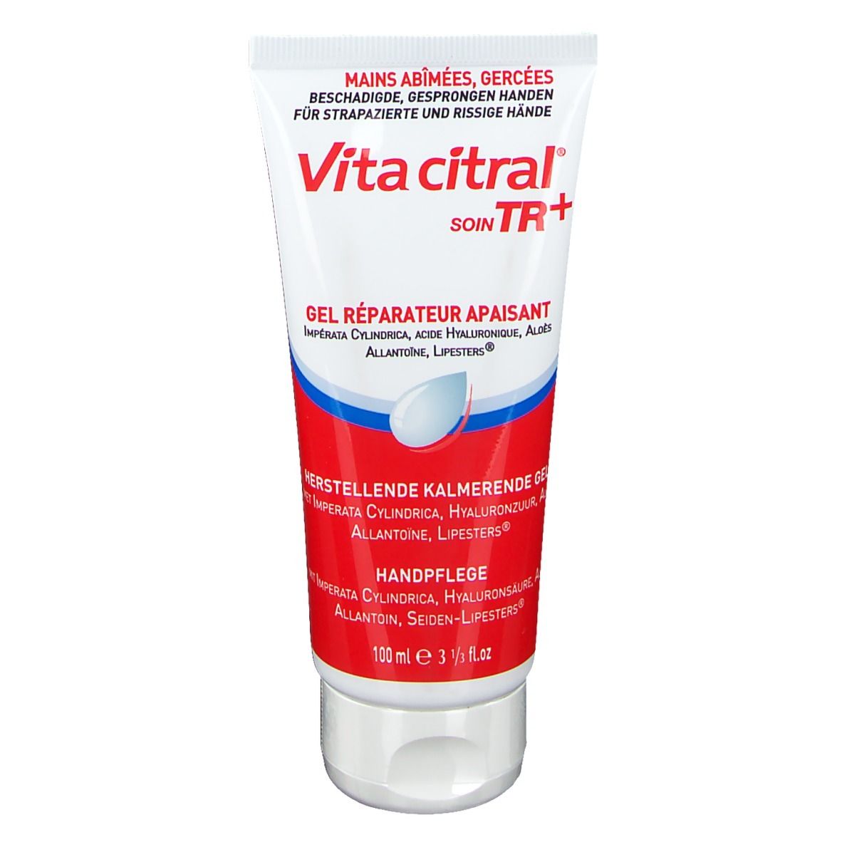 Tube de gel pour les mains Vita Citral. Inscription: "Mains abîmées, gercées". Fond blanc et rouge.