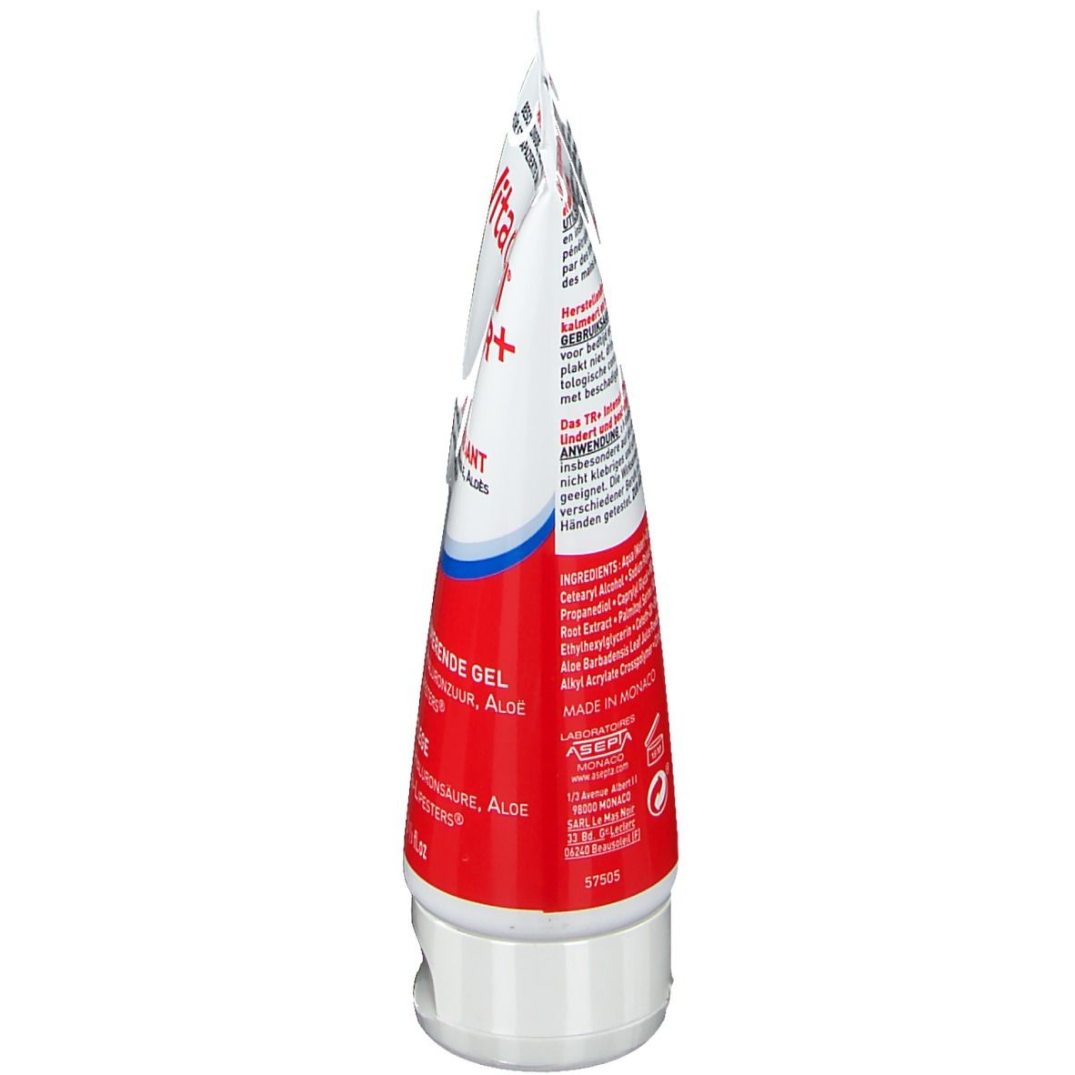 Vue latérale du tube de gel pour les mains. Inscriptions et ingrédients sur fond blanc. Bande rouge.