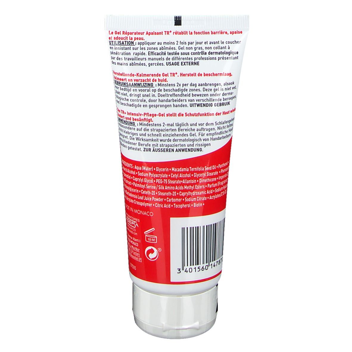 Dos du tube de gel pour les mains. Texte multilingue. Ingrédients et mode d'emploi.