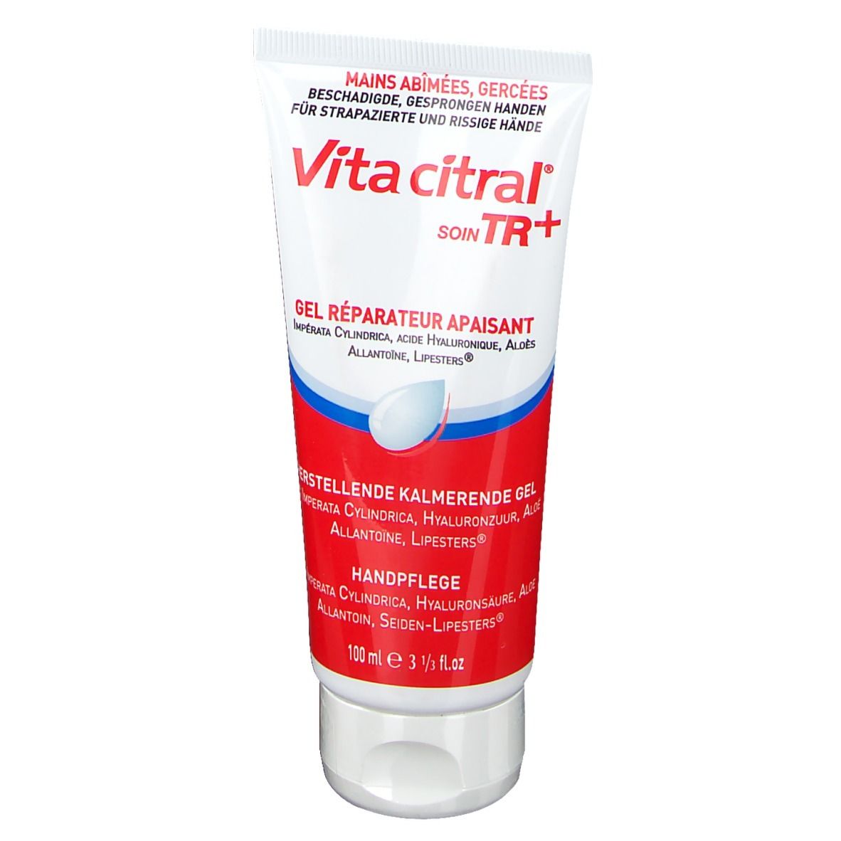 Tube de gel pour les mains Vita Citral. Inscription: "Mains abîmées, gercées". Fond blanc et rouge.
