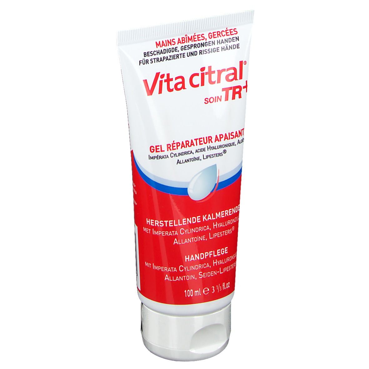 Tube de gel pour les mains Vita Citral. Inscription: "Mains abîmées, gercées". Fond blanc et rouge.