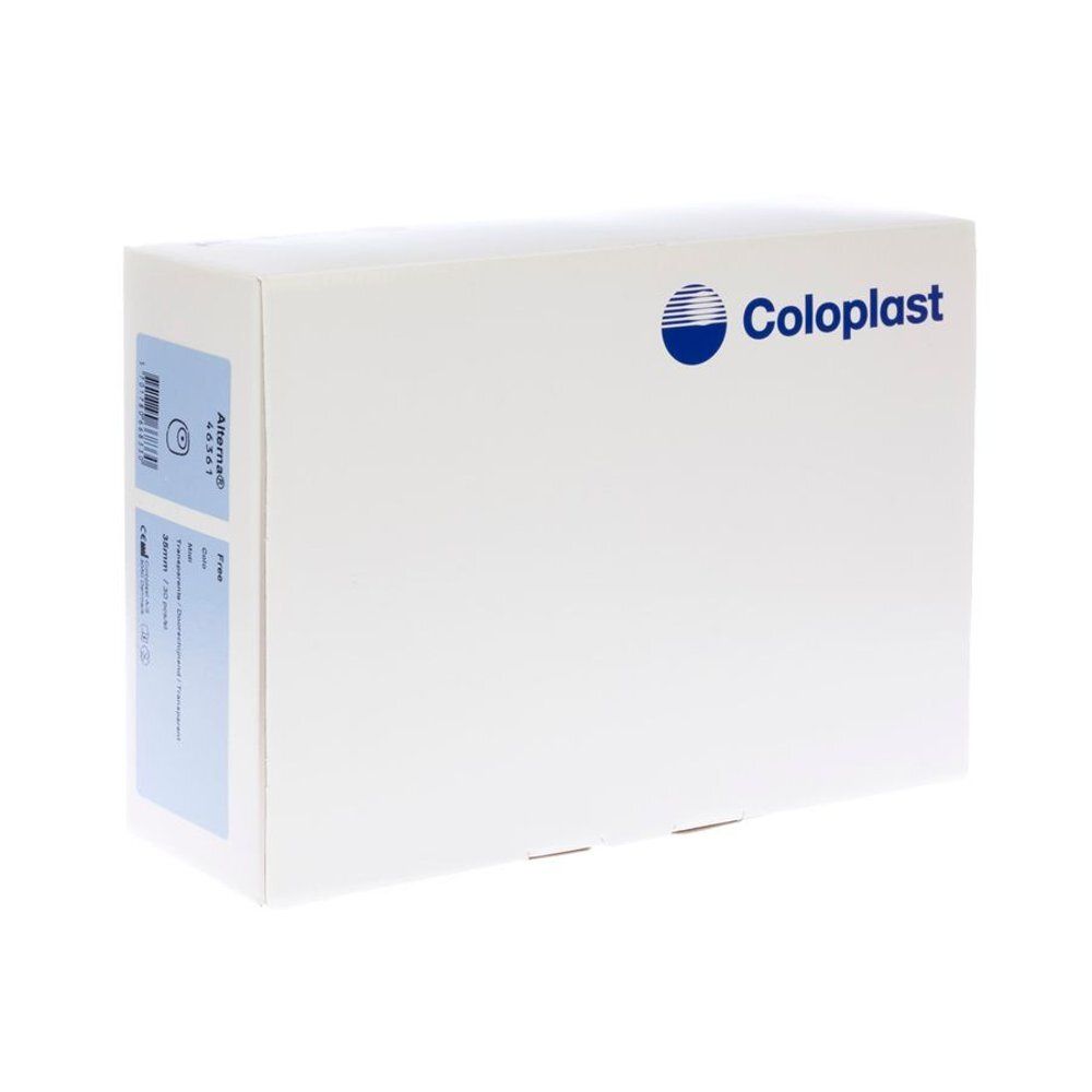 Witte doos met Coloplast-logo. Etiket met productinformatie op de zijkant.