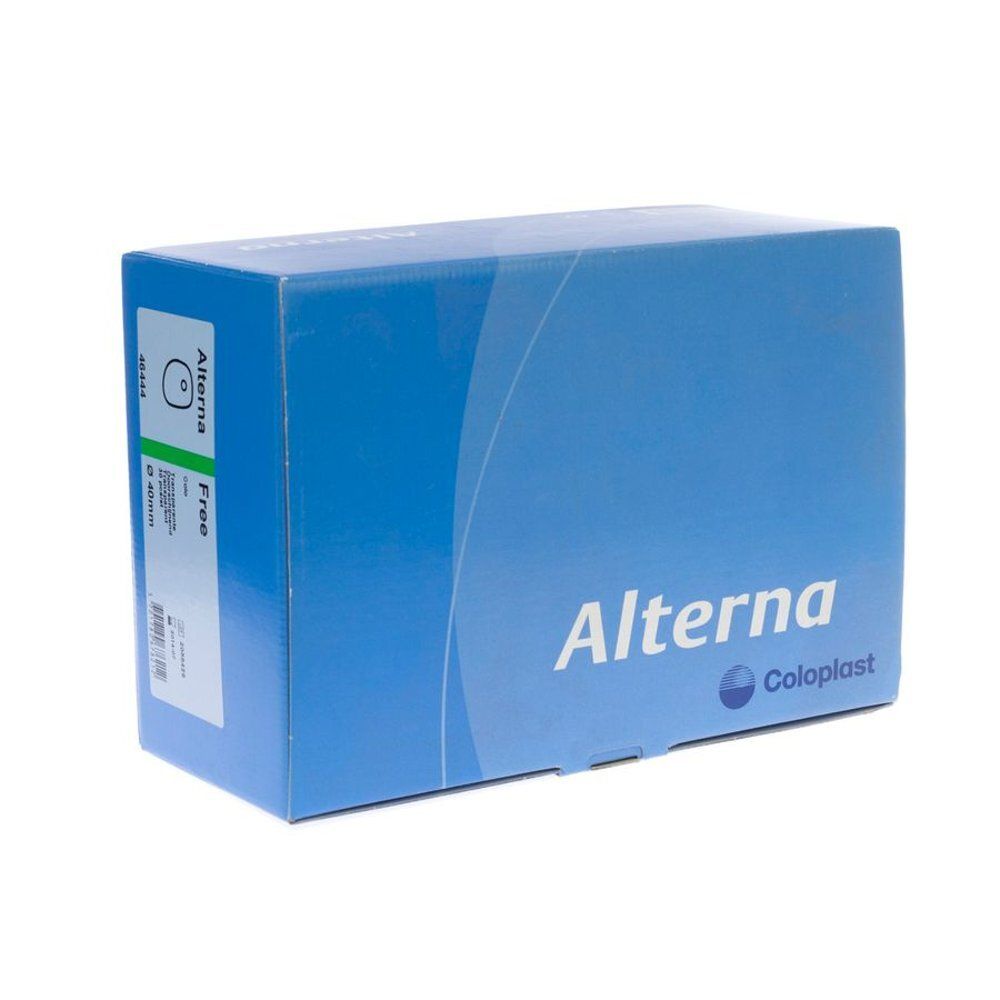 Boîte de produit bleue et blanche. Inscription "Alterna" et "Coloplast". Autocollant avec informations et logo du produit.
