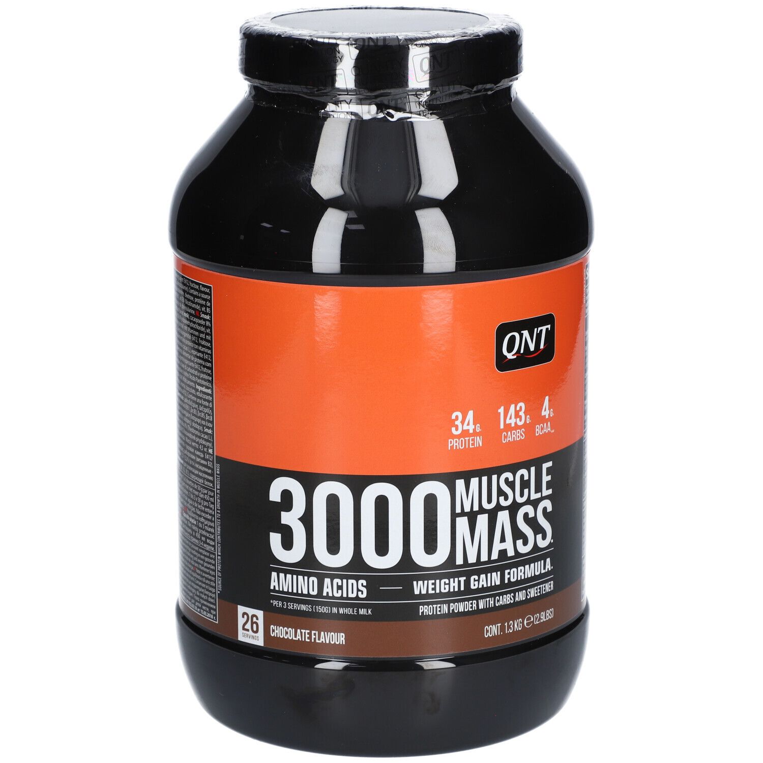 Récipient noir avec étiquette orange, inscription "3000 Muscle Mass", saveur chocolat.