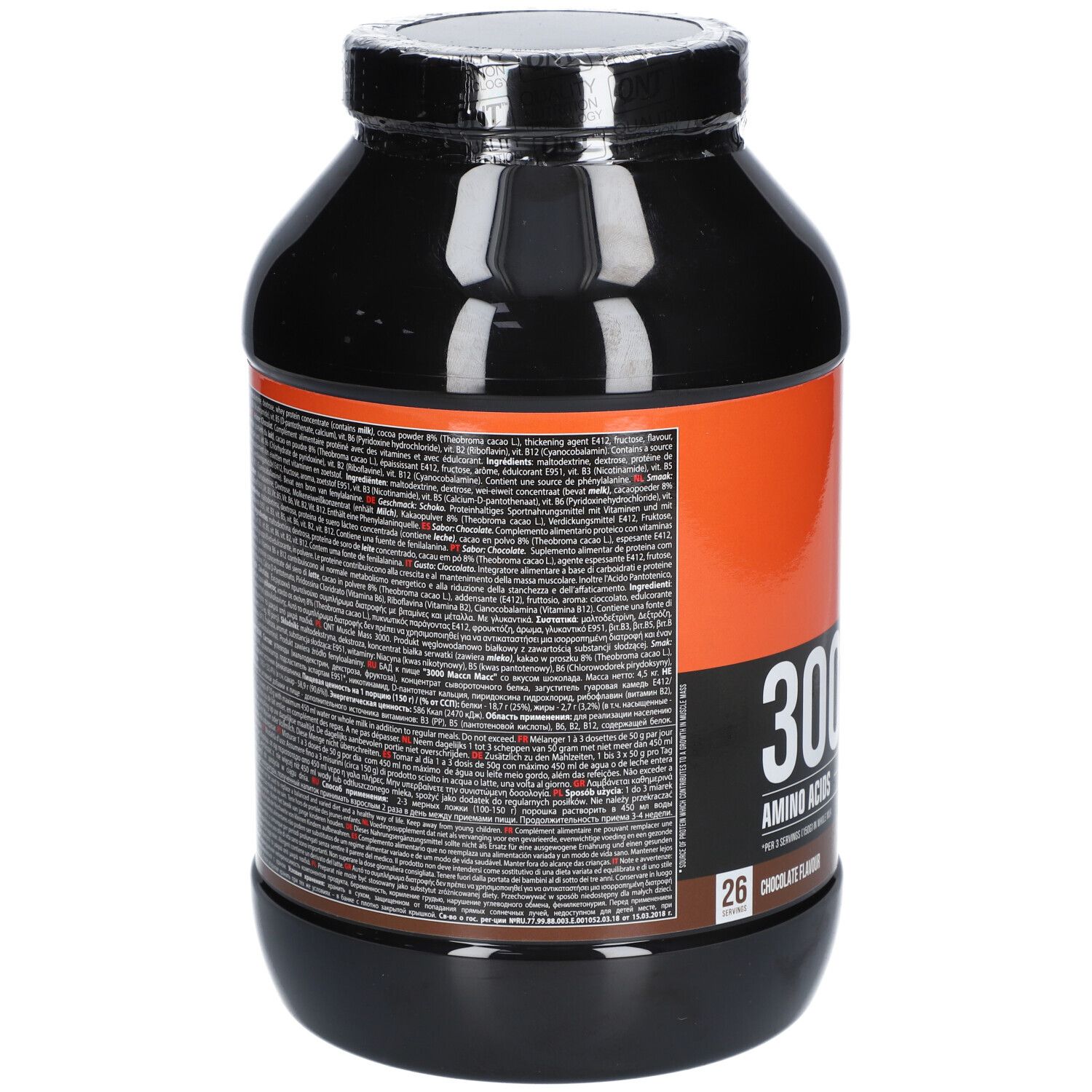 Arrière d'un récipient noir avec étiquette orange, informations nutritionnelles détaillées et ingrédients.
