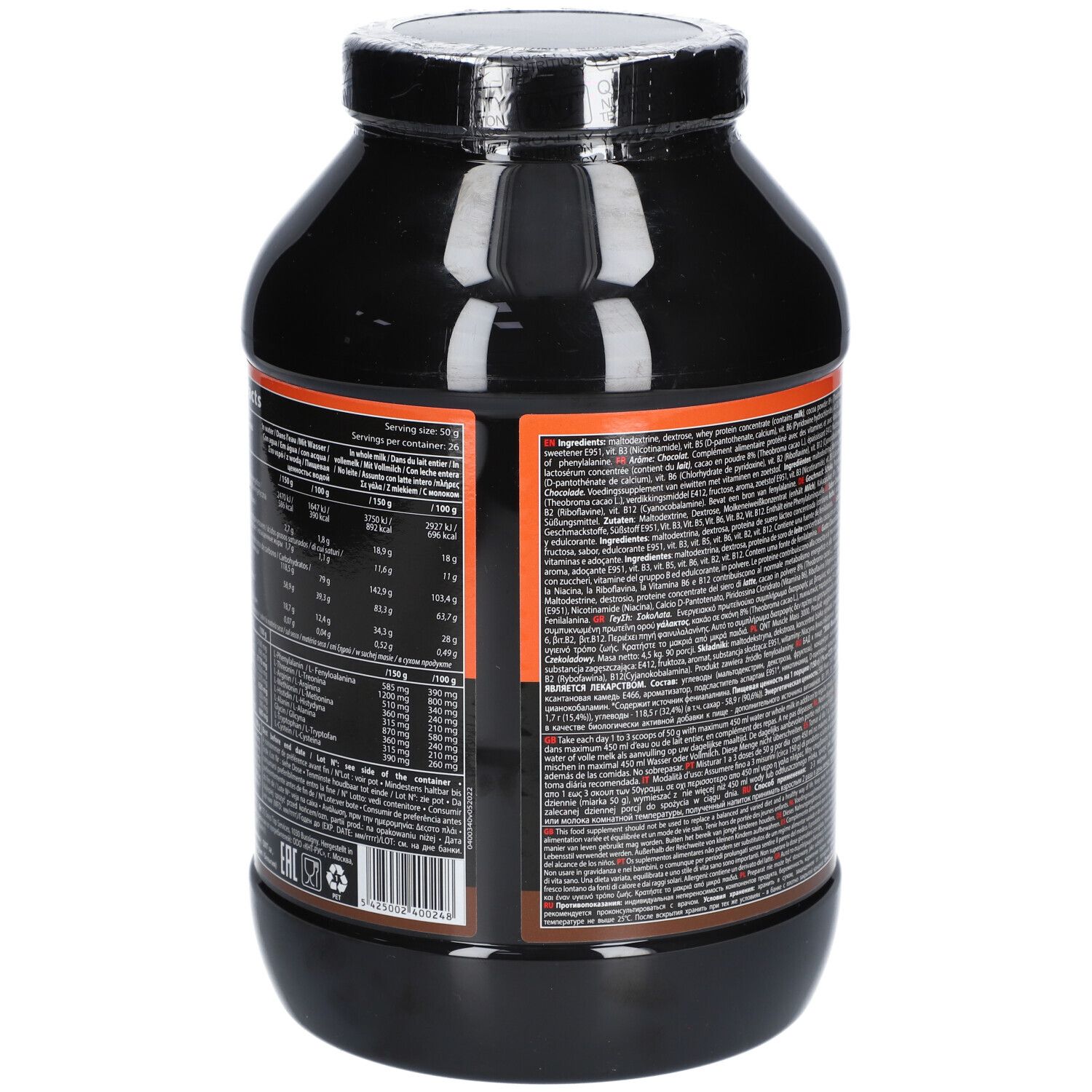 Vue latérale d'un récipient noir avec étiquette orange, tableaux nutritionnels et informations produit.
