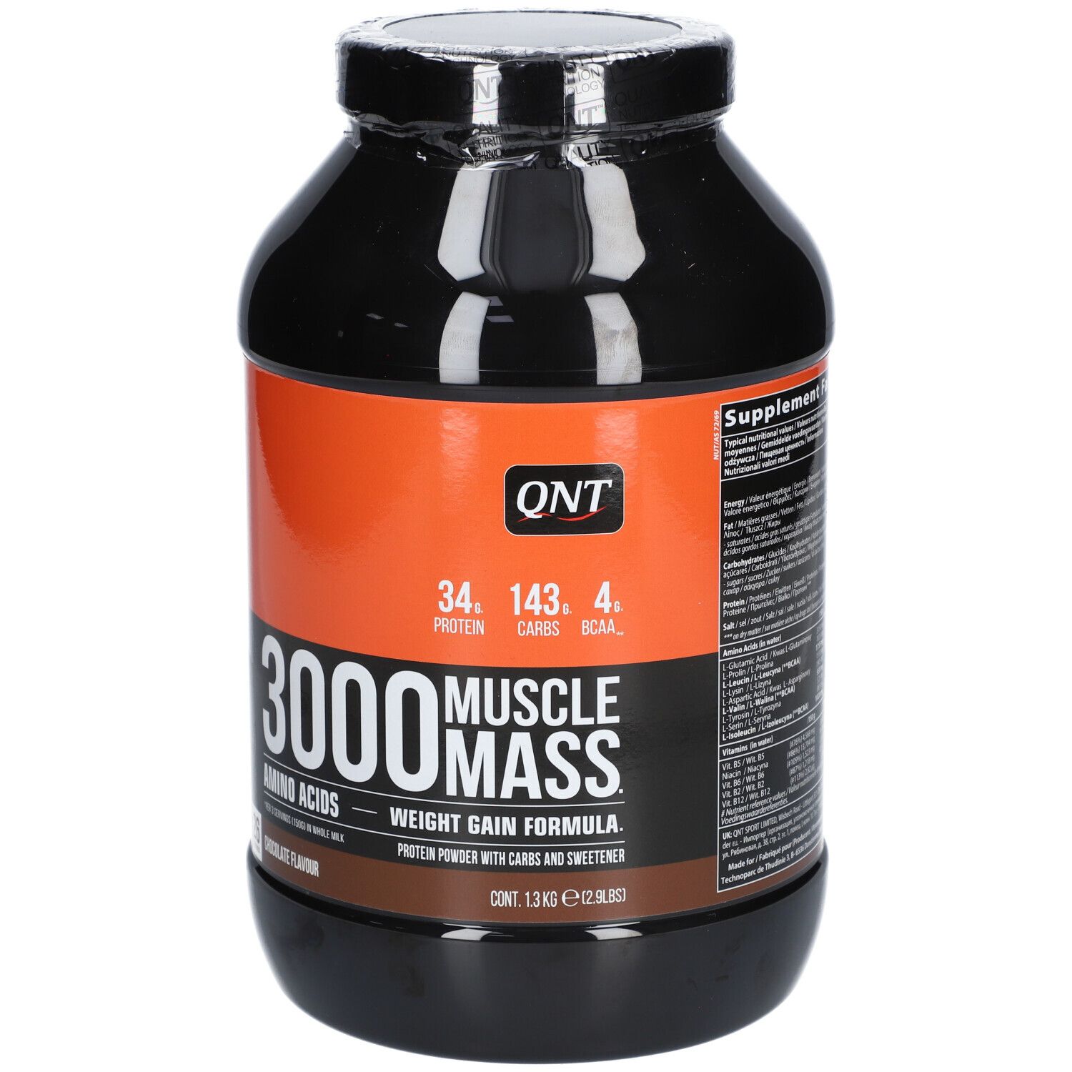 Récipient noir avec étiquette orange, inscription "3000 Muscle Mass", saveur chocolat.