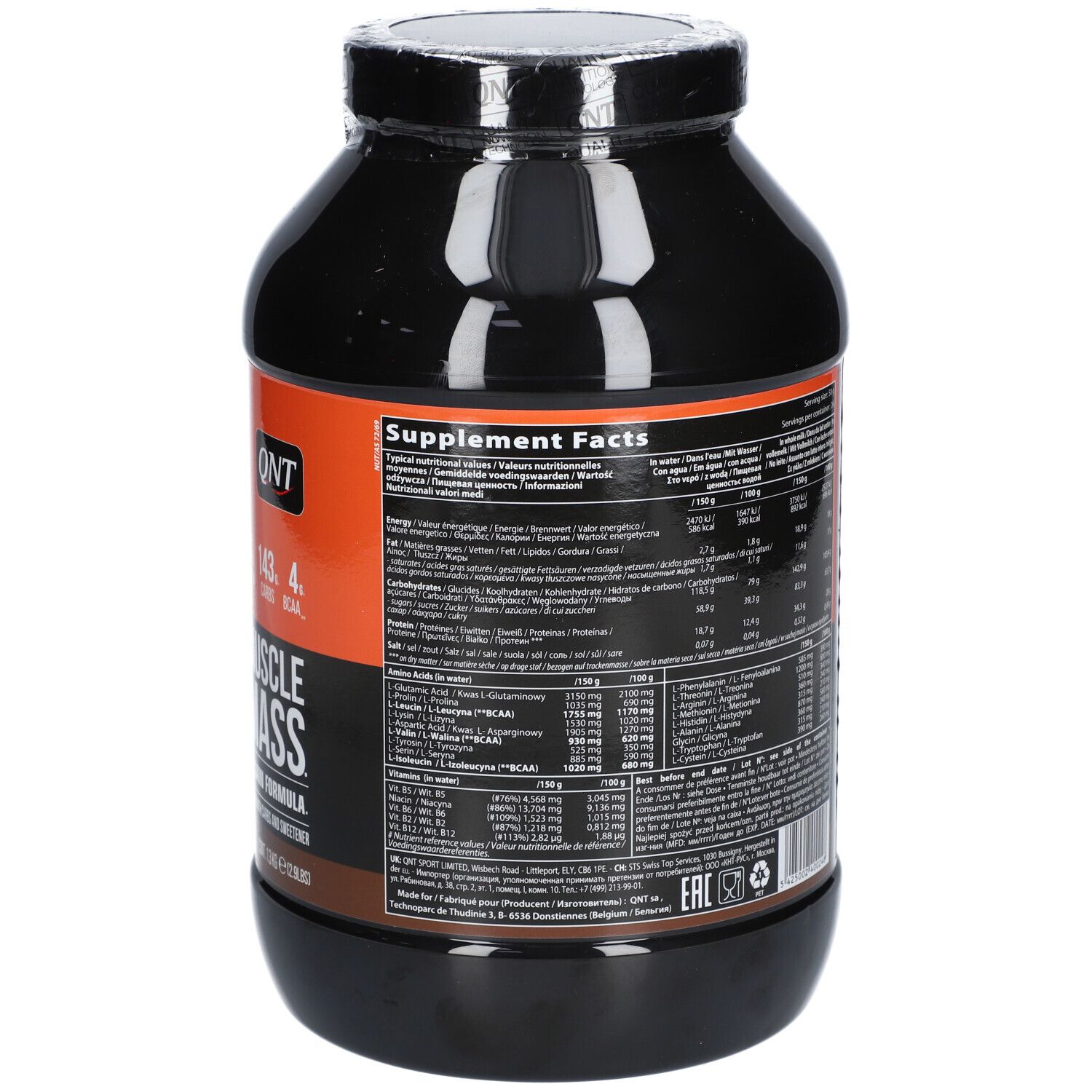 Récipient noir avec étiquette orange, inscription "3000 Muscle Mass", informations nutritionnelles et mention "Supplement".