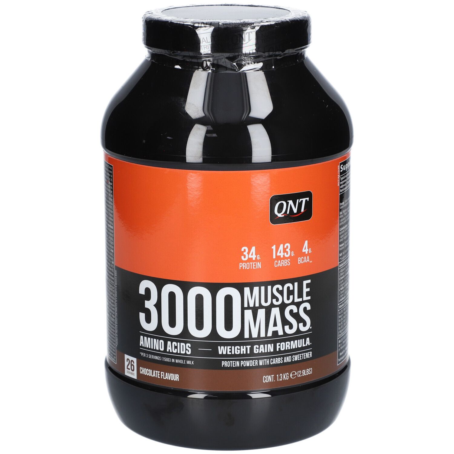 Récipient noir avec étiquette orange, inscription "3000 Muscle Mass", saveur chocolat.