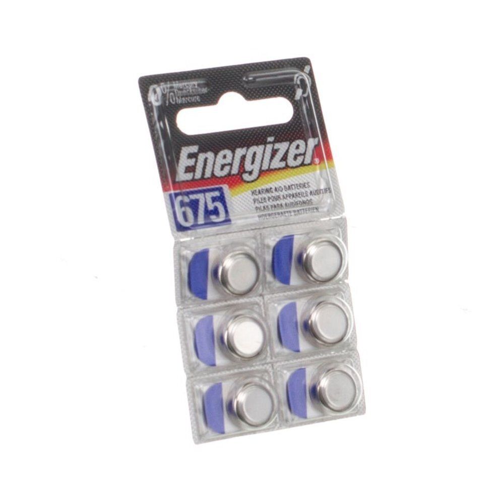 Piles auditives Energizer 675 en blister. Six piles avec languettes bleues. Emballage avec trou de suspension.