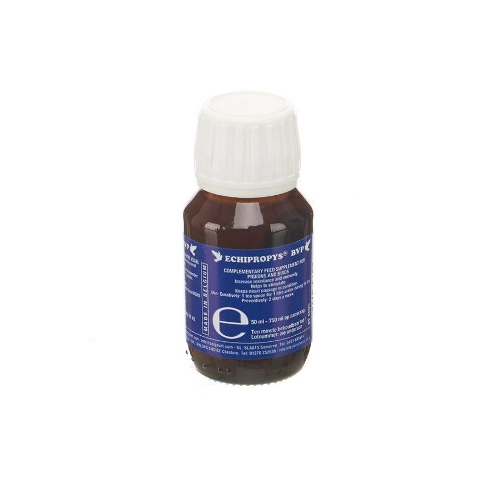 Bruine fles met witte dop. Etiket met tekst: ECHIPROPYS BVP, aanvullend diervoeder voor duiven. 30 ml.